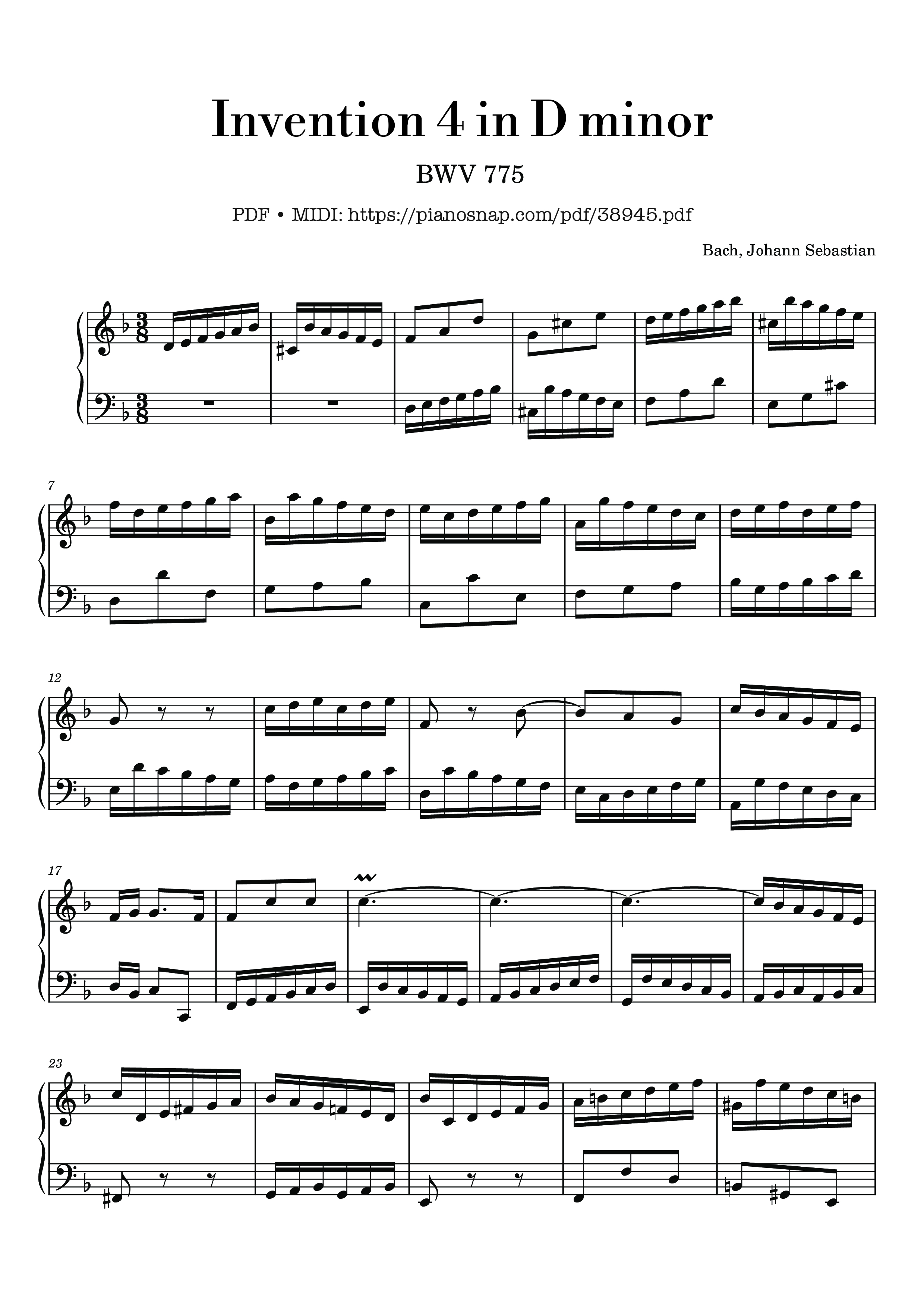 Page 1 of Sheet music PDF Invention 4 in D minor, BWV 775 - Johann Sebastian Bach