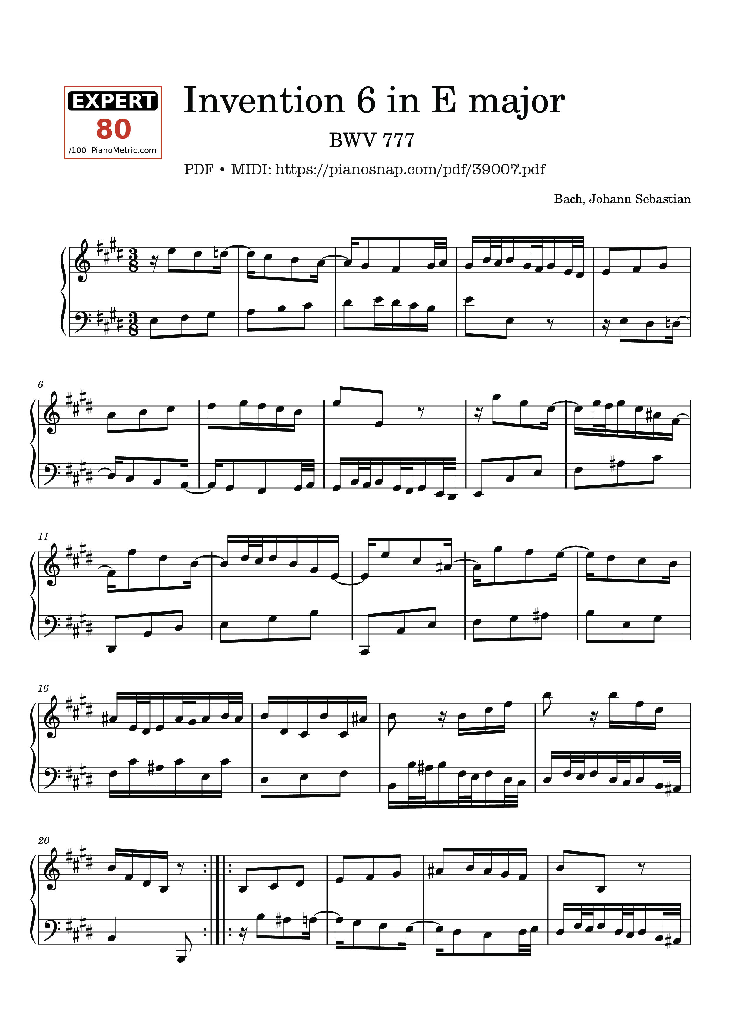 Page 1 of Sheet music PDF Invention No. 6 in E Major, BWV 777 - Johann Sebastian Bach