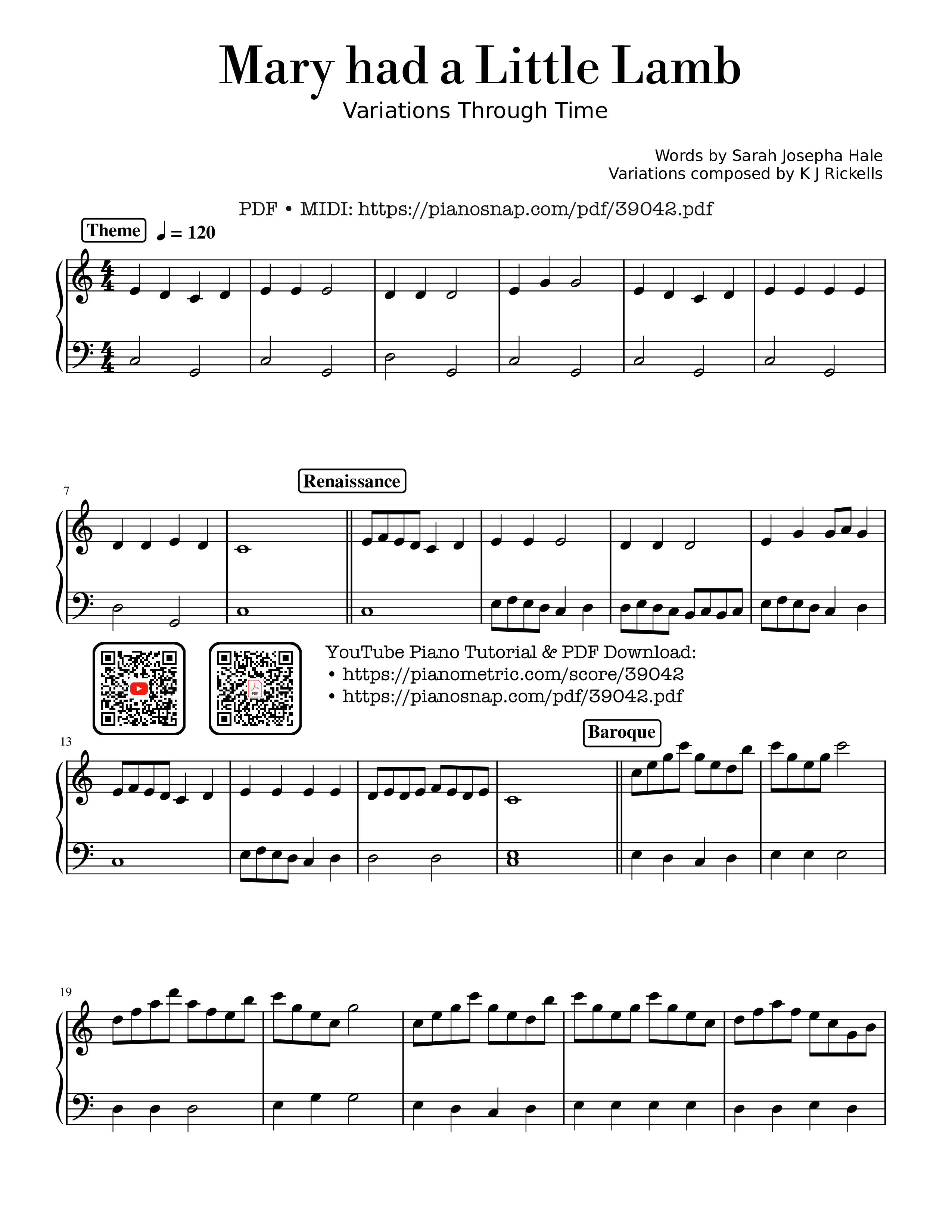 Page 1 of Sheet music PDF Mary had a Little Lamb - variations through time Piano - Words by Sarah Josepha Hale