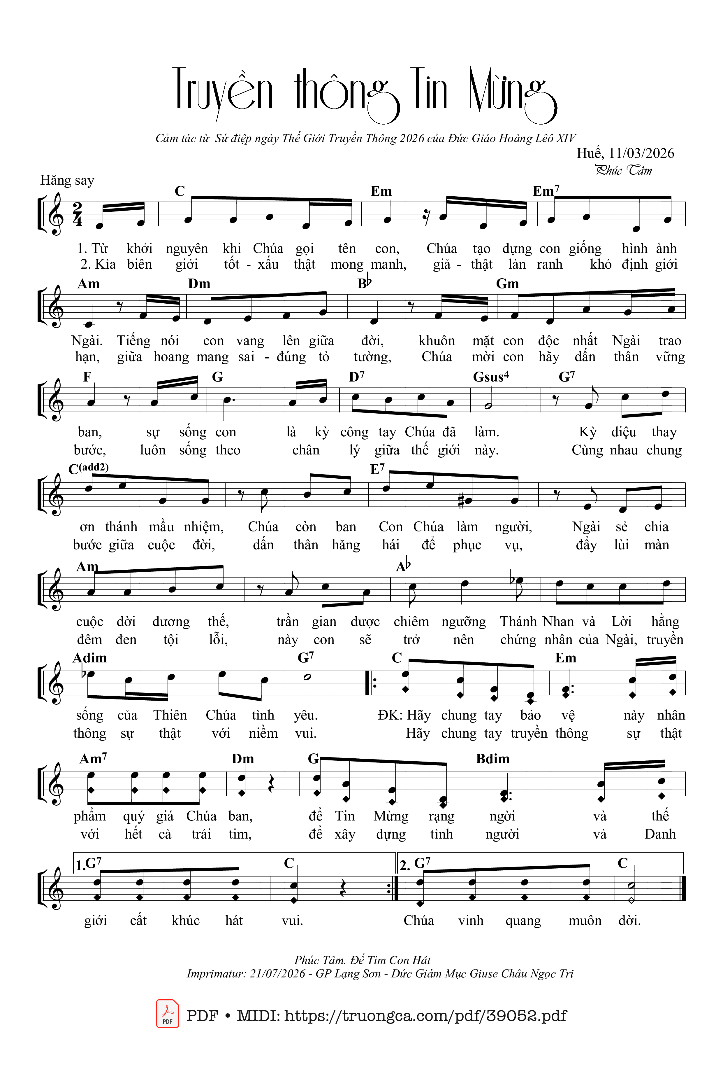 Page 1 of Sheet music PDF Truyền Thông Tin Mừng - Phúc Tâm