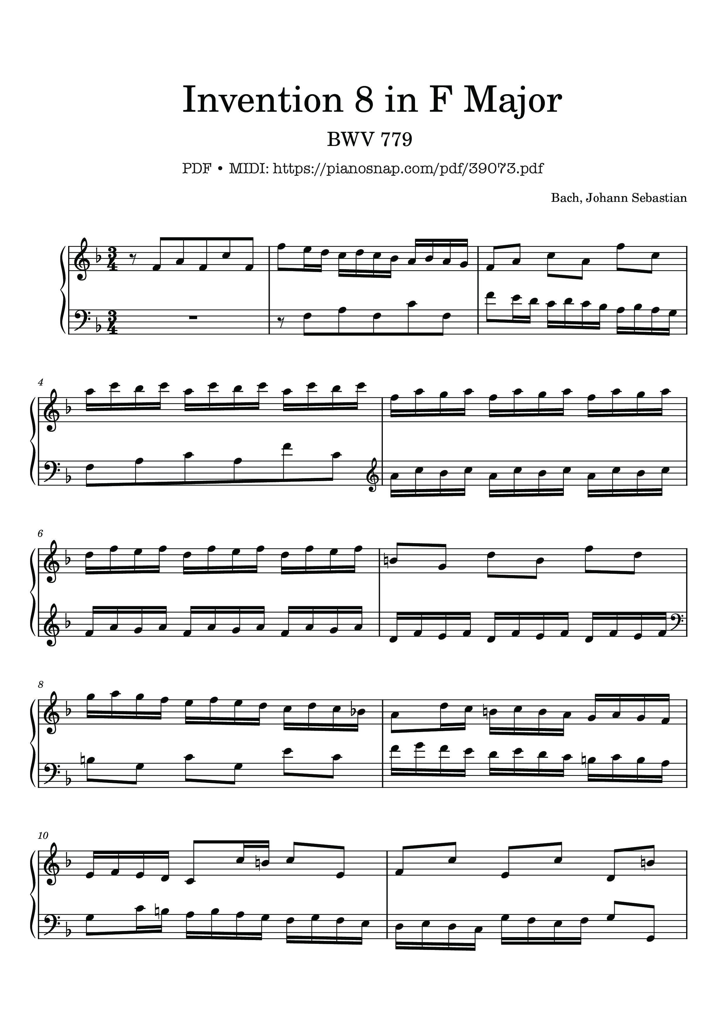 Page 1 of Sheet music PDF Invention 8 in F Major, BWV 779 - Johann Sebastian Bach