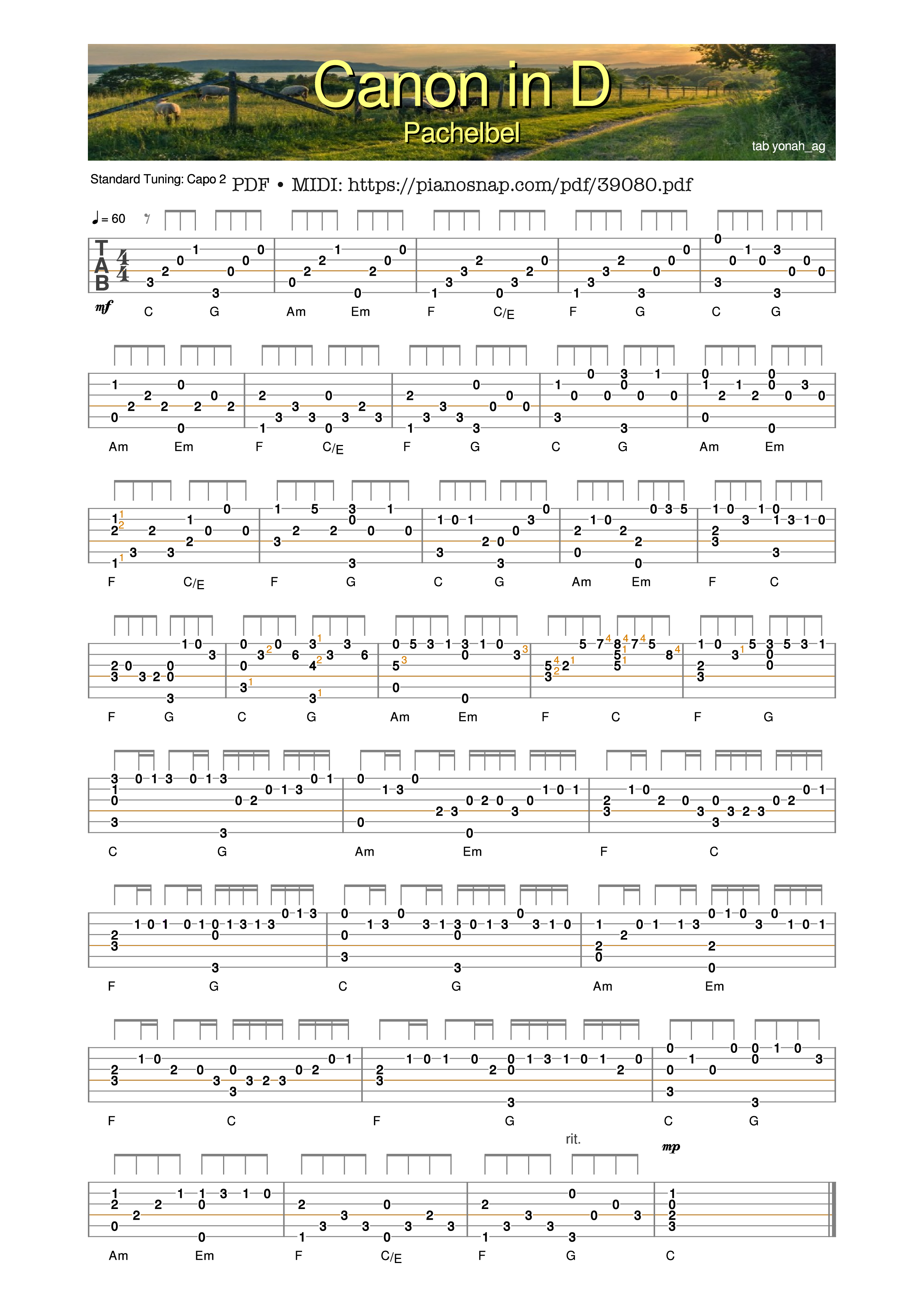 Page 1 of Sheet music PDF Guitar Tab Canon in D - Guitar Tab - Pachelbel