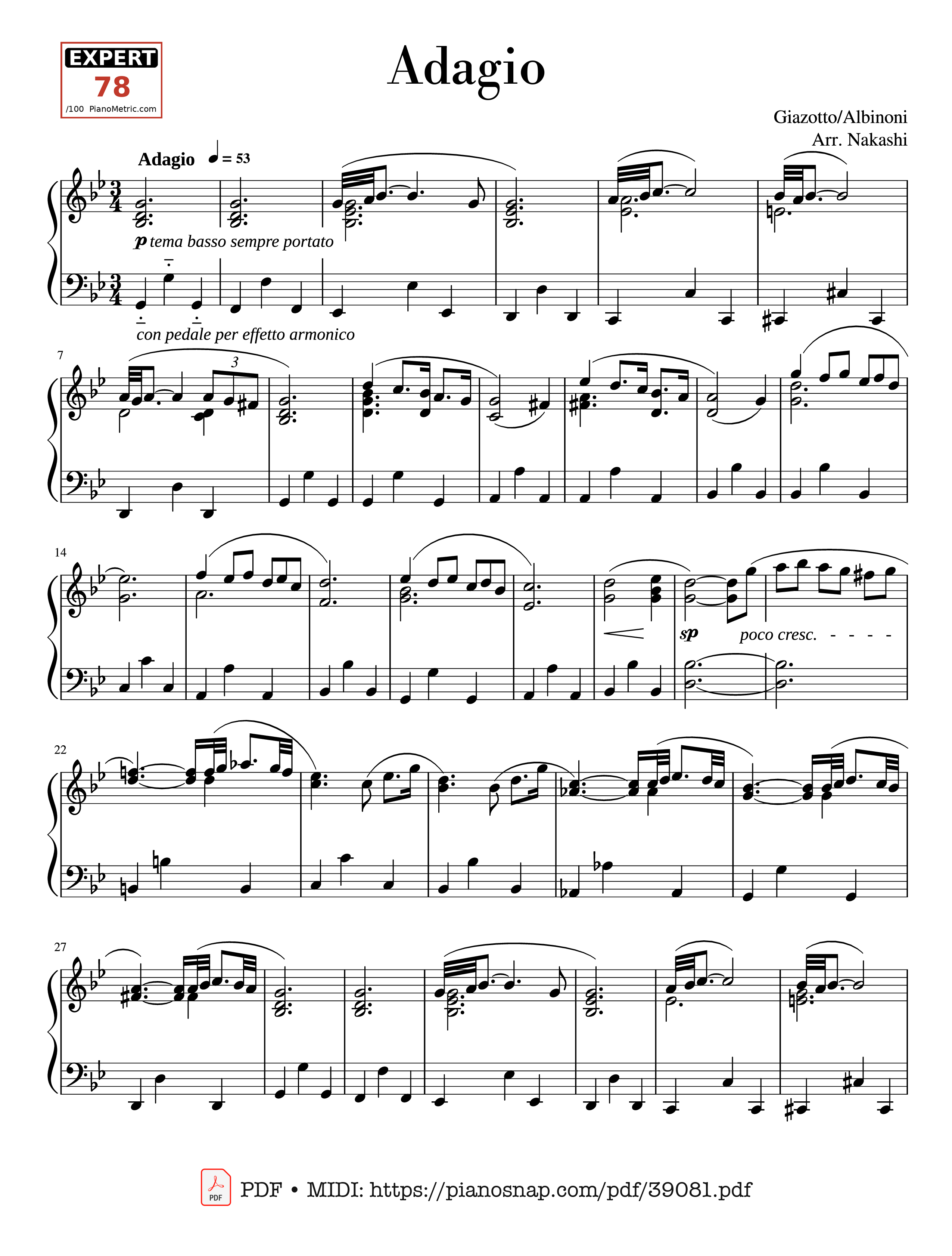 Page 1 of Sheet music PDF Piano Adagio Albinoni (in G minor) - For Solo Piano - Albinoni