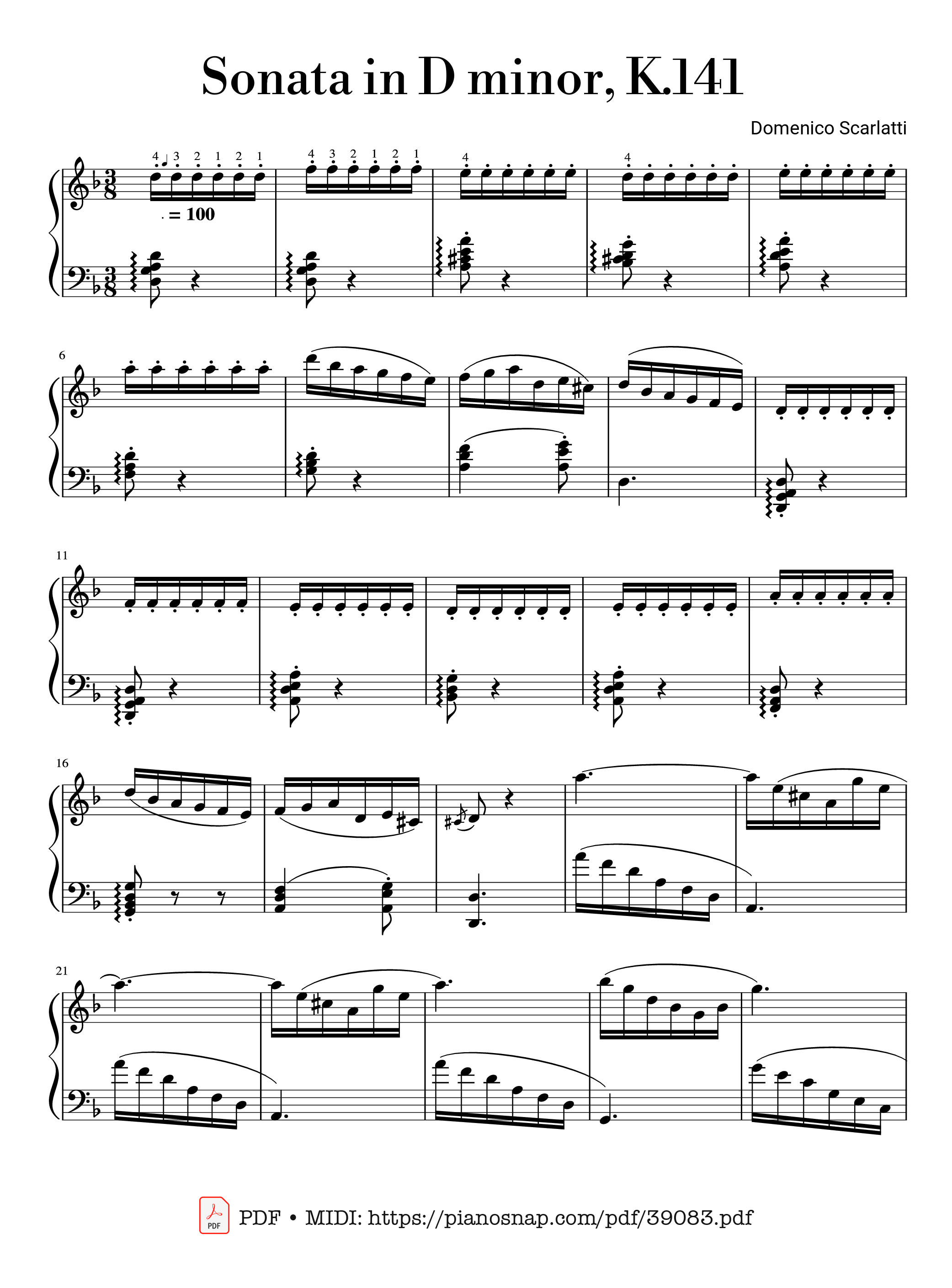 Page 1 of Sheet music PDF Piano Sonata in D minor, K.141, Domenico Scarlatti - Domenico Scarlatti