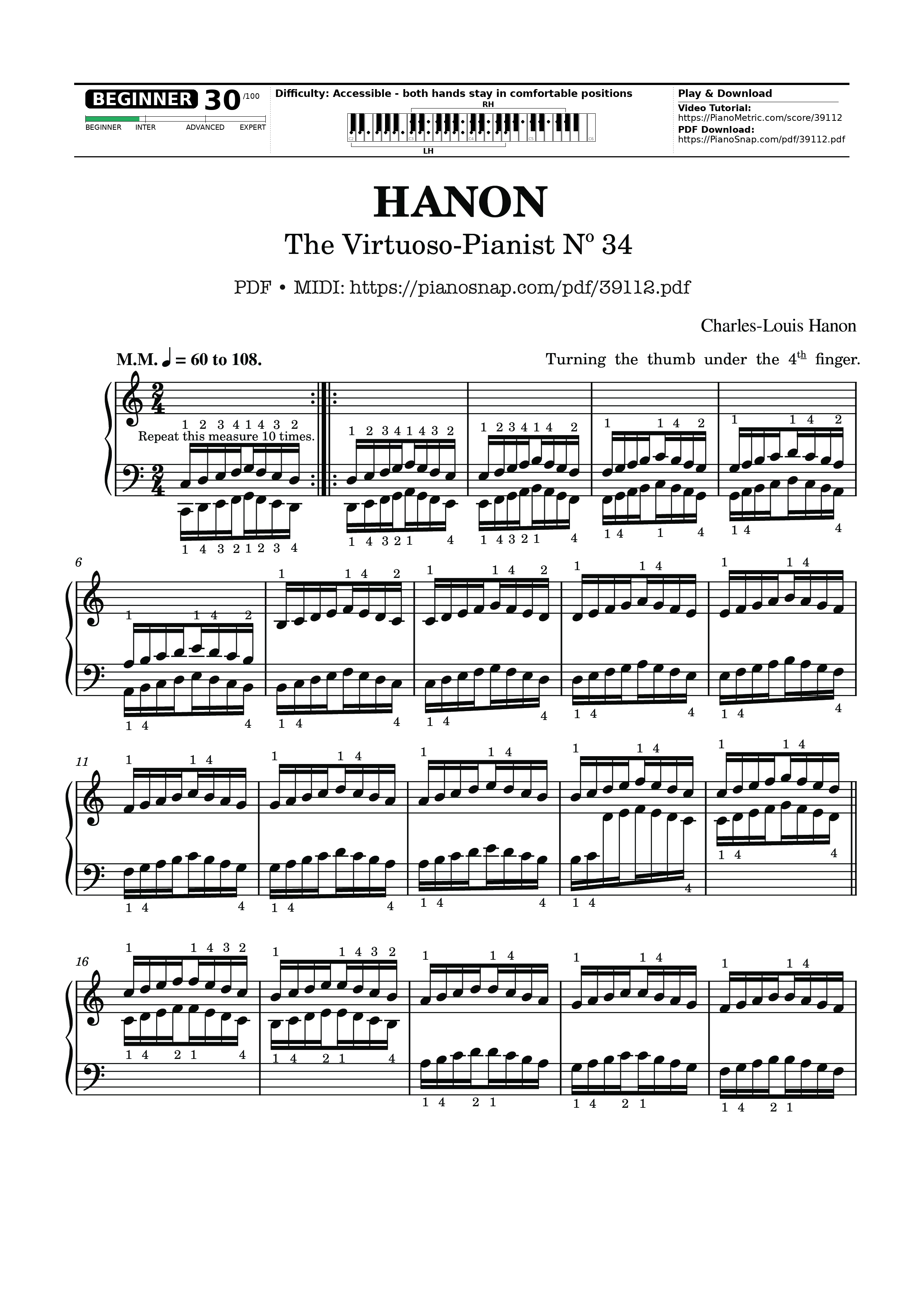 Page 1 of Sheet music PDF Piano Hanon - The Virtuoso Pianist No. 34 - Charles-Louis Hanon