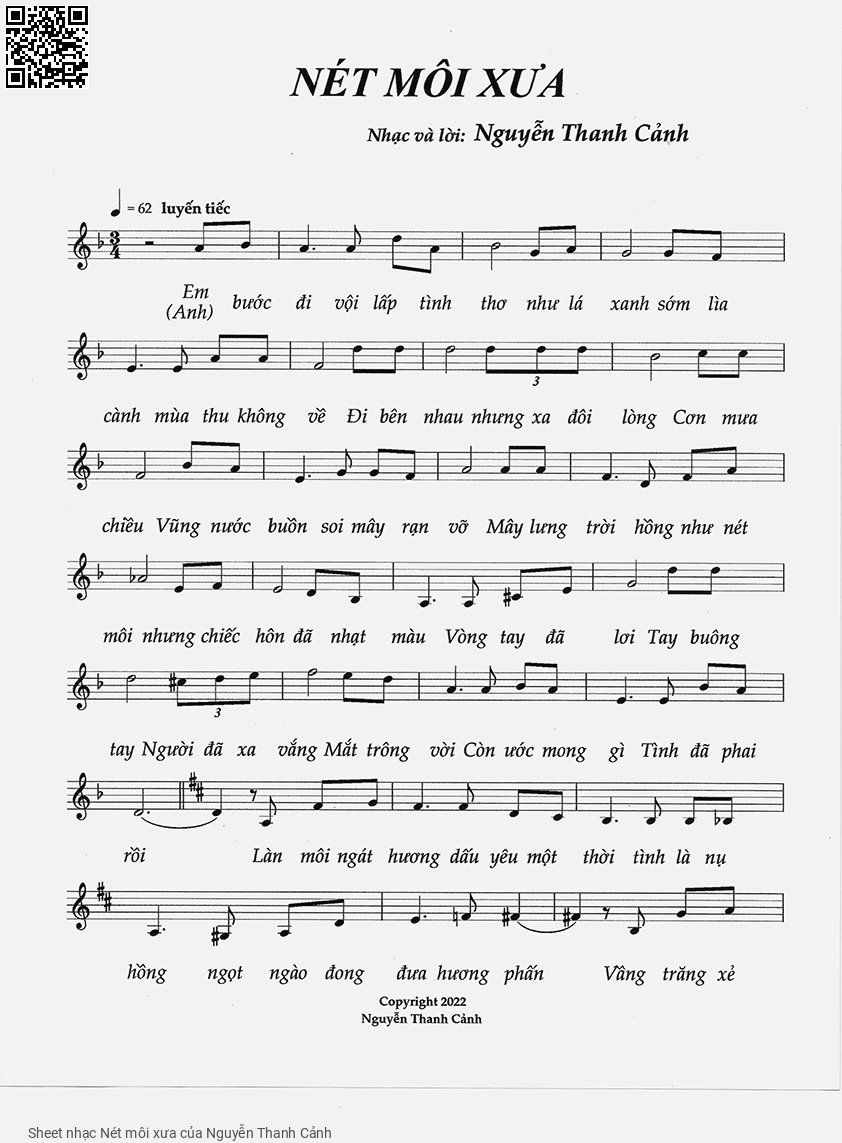 Sheet PDF of Nét môi xưa - Nguyễn Thanh Cảnh