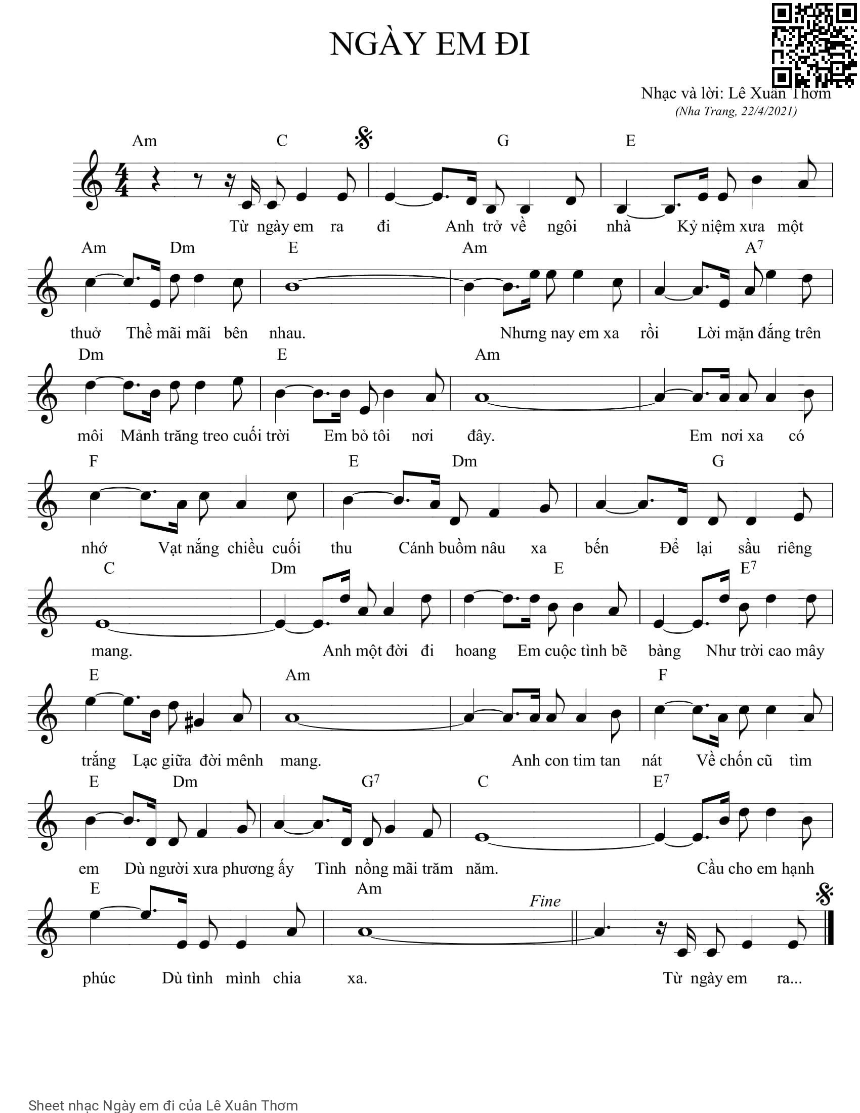 Sheet PDF of Ngày em đi - Lê Xuân Thơm