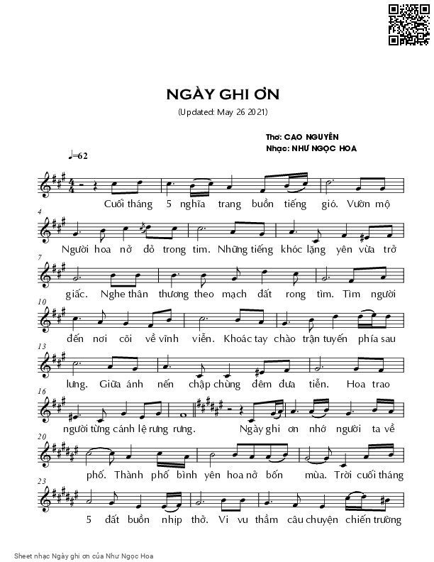 Page 1 of Sheet music PDF Ngày ghi ơn - Như Ngọc Hoa