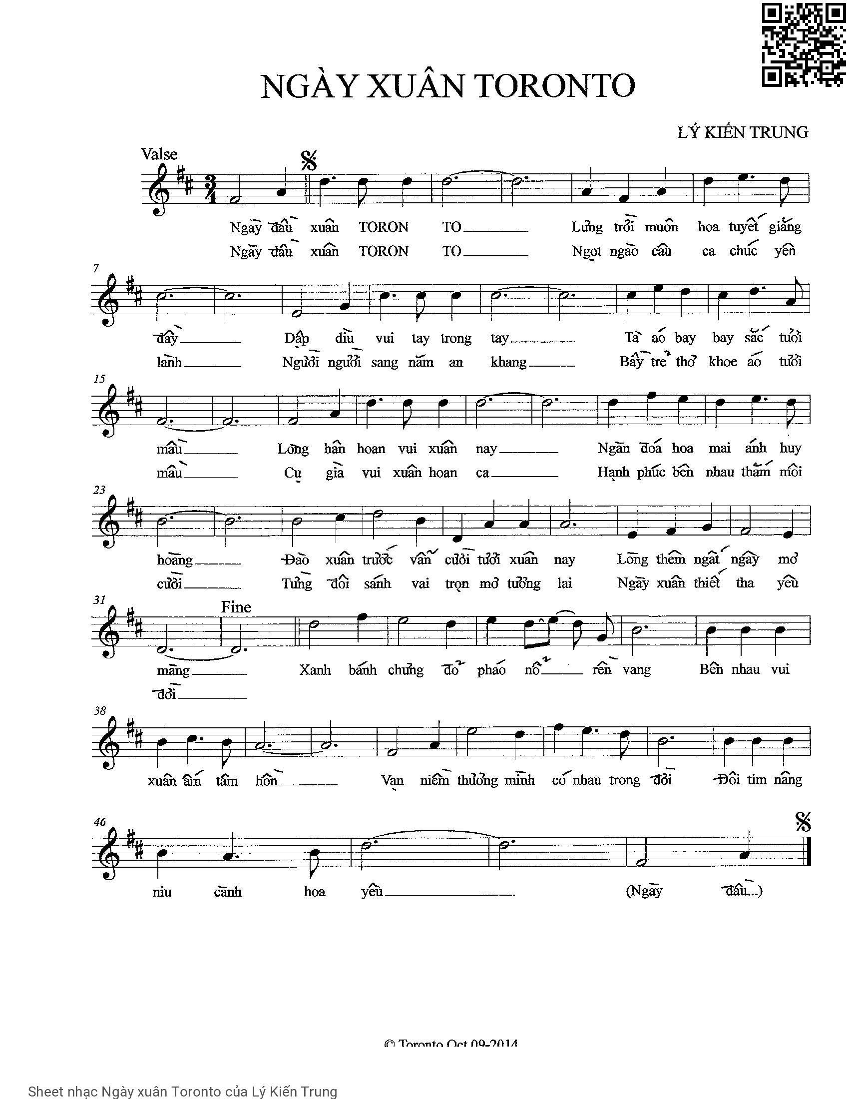 Page 1 of Sheet music PDF Ngày xuân Toronto - Lý Kiến Trung