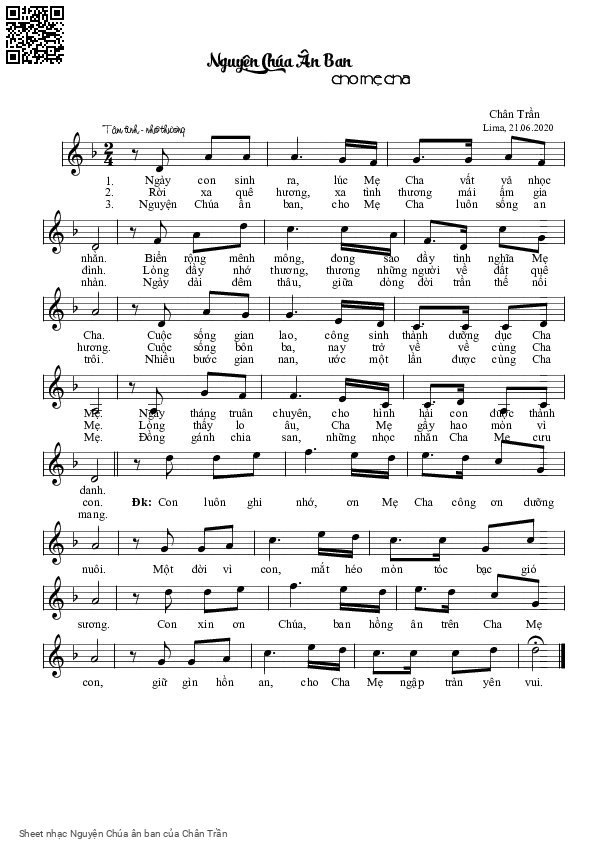 Page 1 of Sheet music PDF Nguyện Chúa ân ban - Chân Trần
