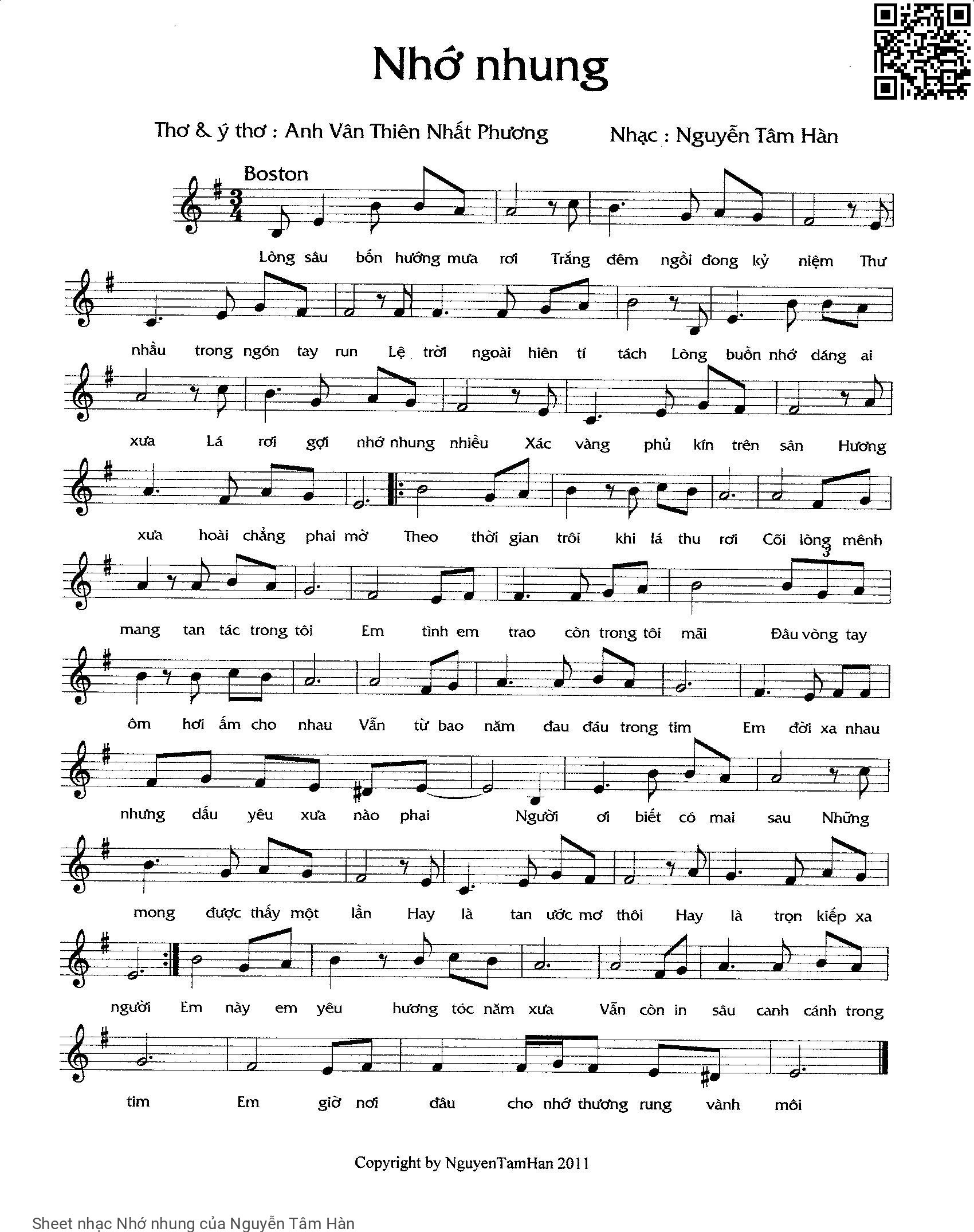 Sheet PDF of Nhớ nhung - Nguyễn Tâm Hàn