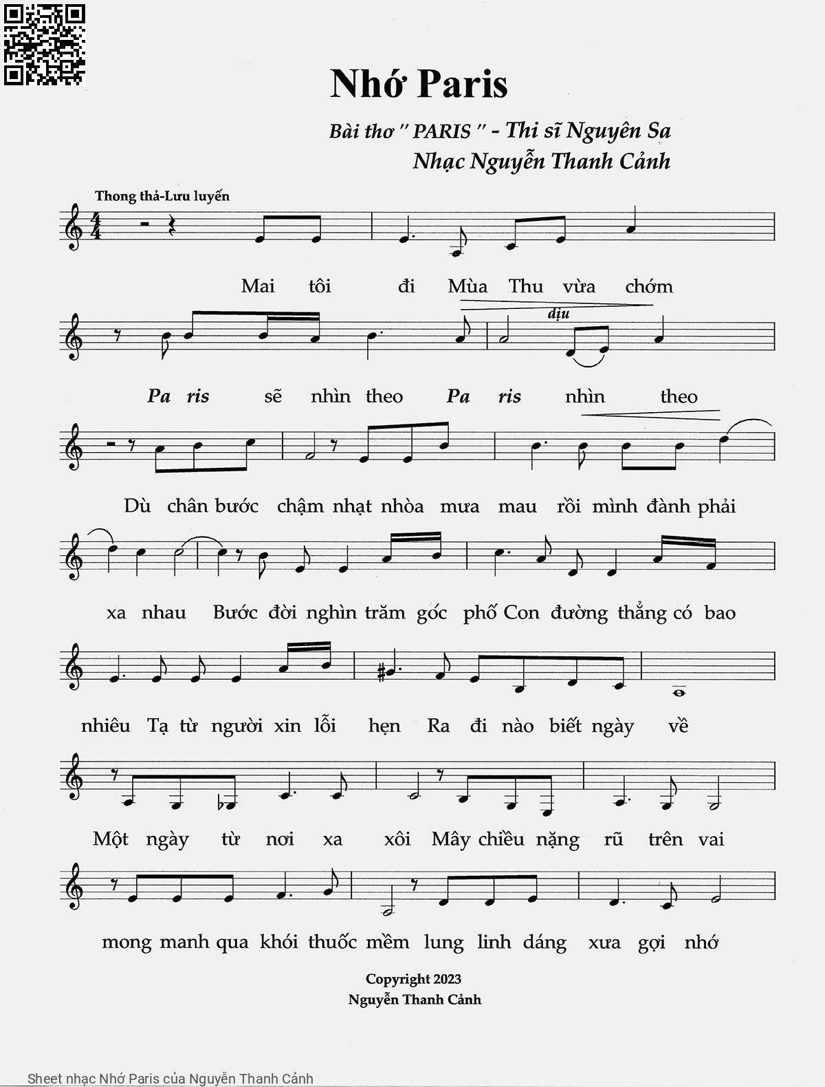 Sheet PDF of Nhớ Paris - Nguyễn Thanh Cảnh