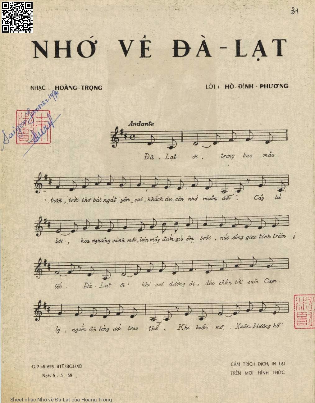 Page 2 of Sheet music PDF Nhớ về Đà Lạt - Hoàng Trọng