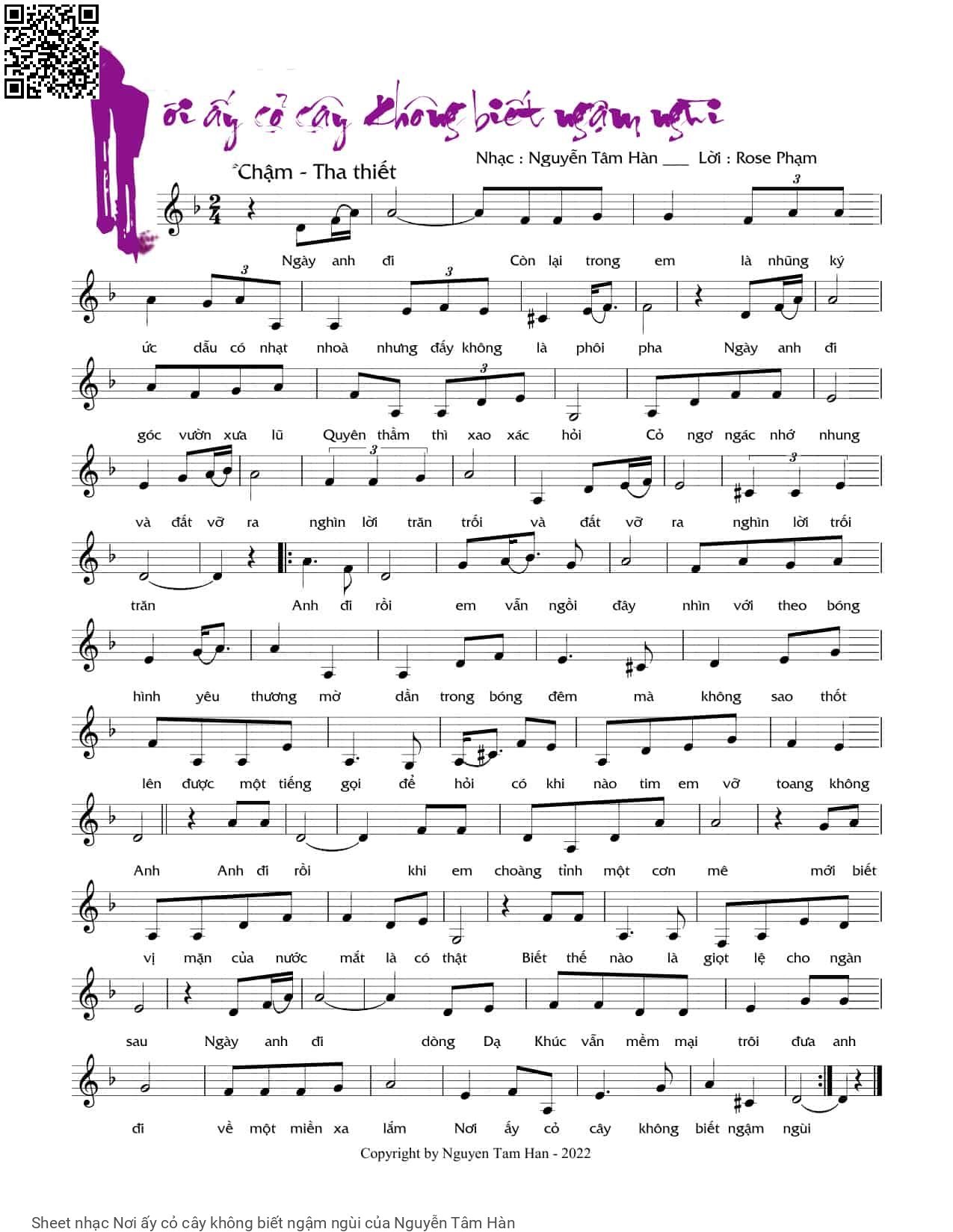 Sheet PDF of Nơi ấy cỏ cây không biết ngậm ngùi