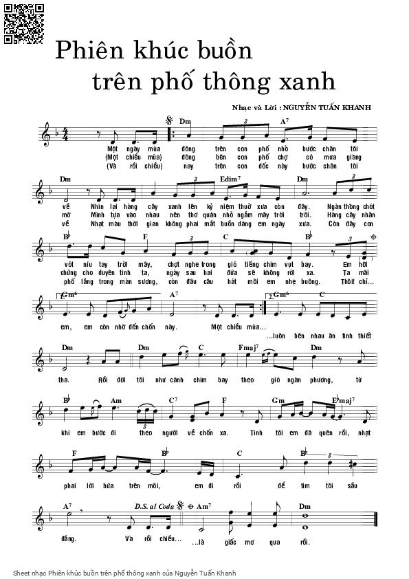 Sheet PDF of Phiên khúc buồn trên phố thông xanh
