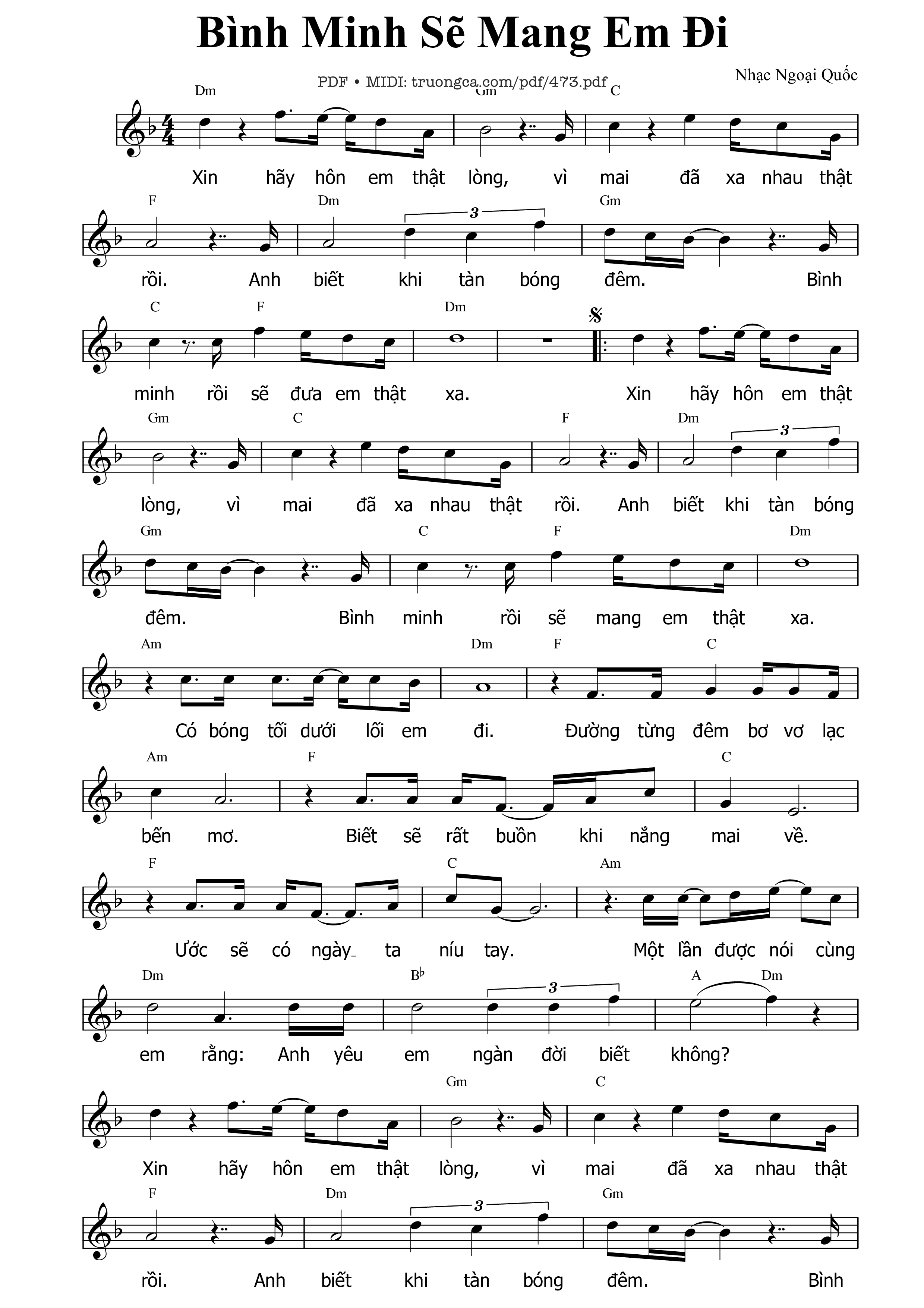 Sheet PDF of Bình minh sẽ mang em đi (Hold me for a while)