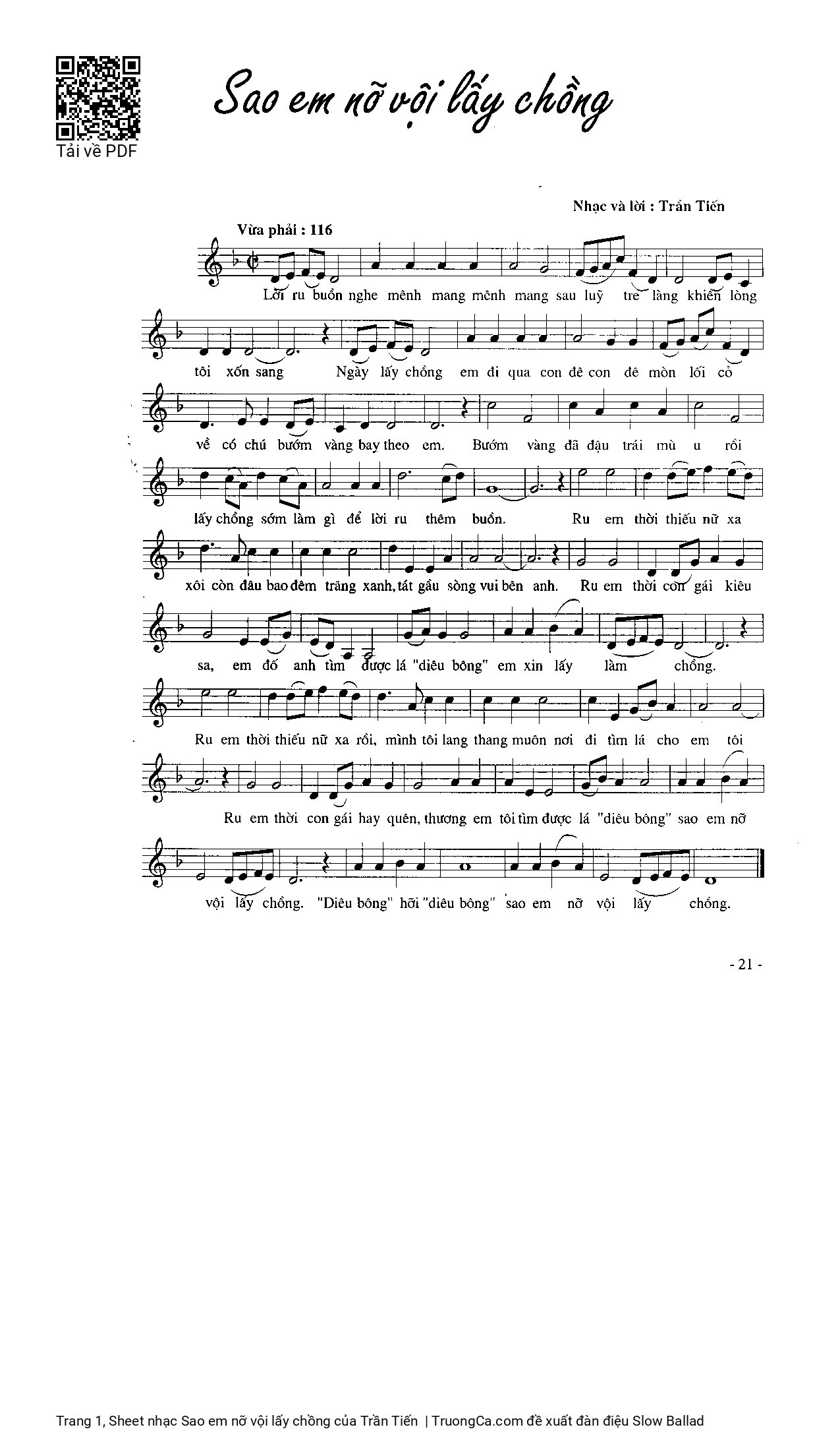 Sheet PDF of Sao em nỡ vội lấy chồng