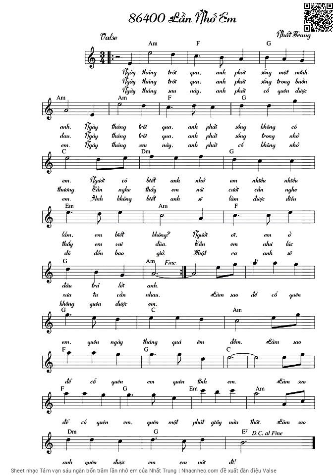 Sheet PDF of Tám vạn sáu ngàn bốn trăm lần nhớ em