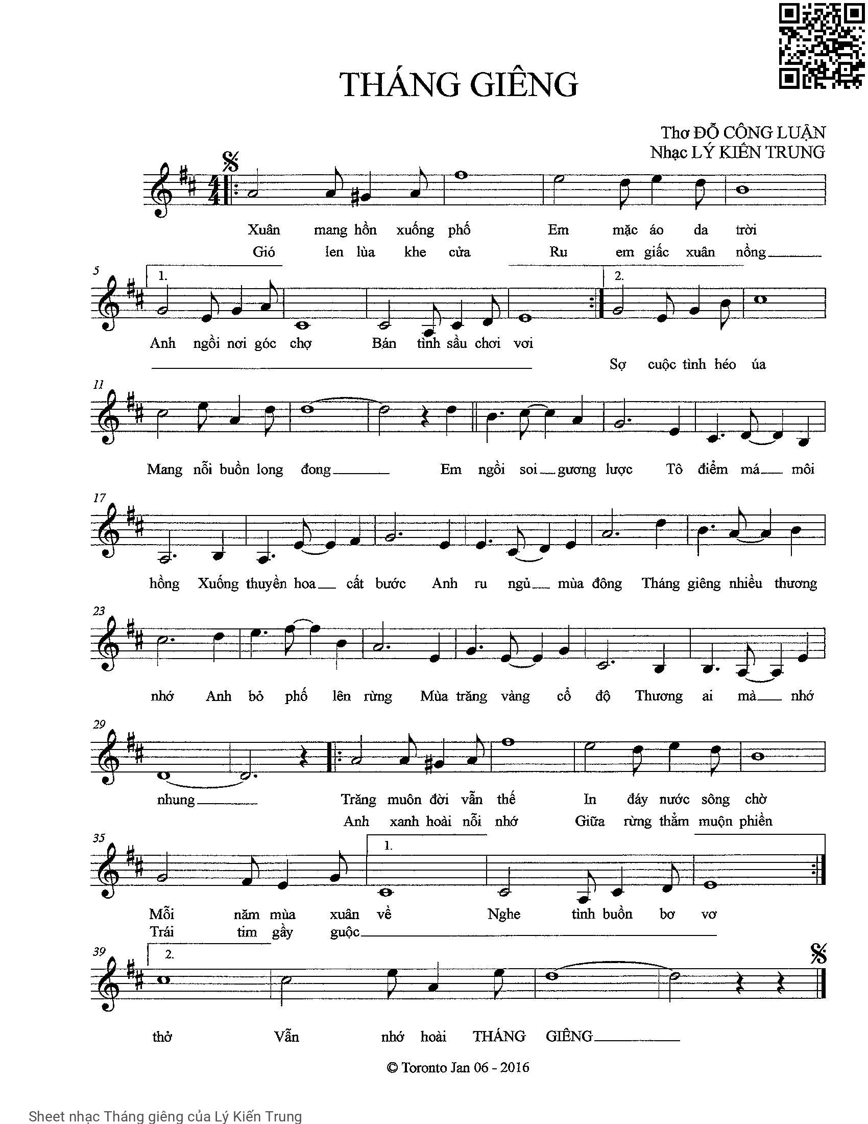 Sheet PDF of Tháng giêng - Lý Kiến Trung