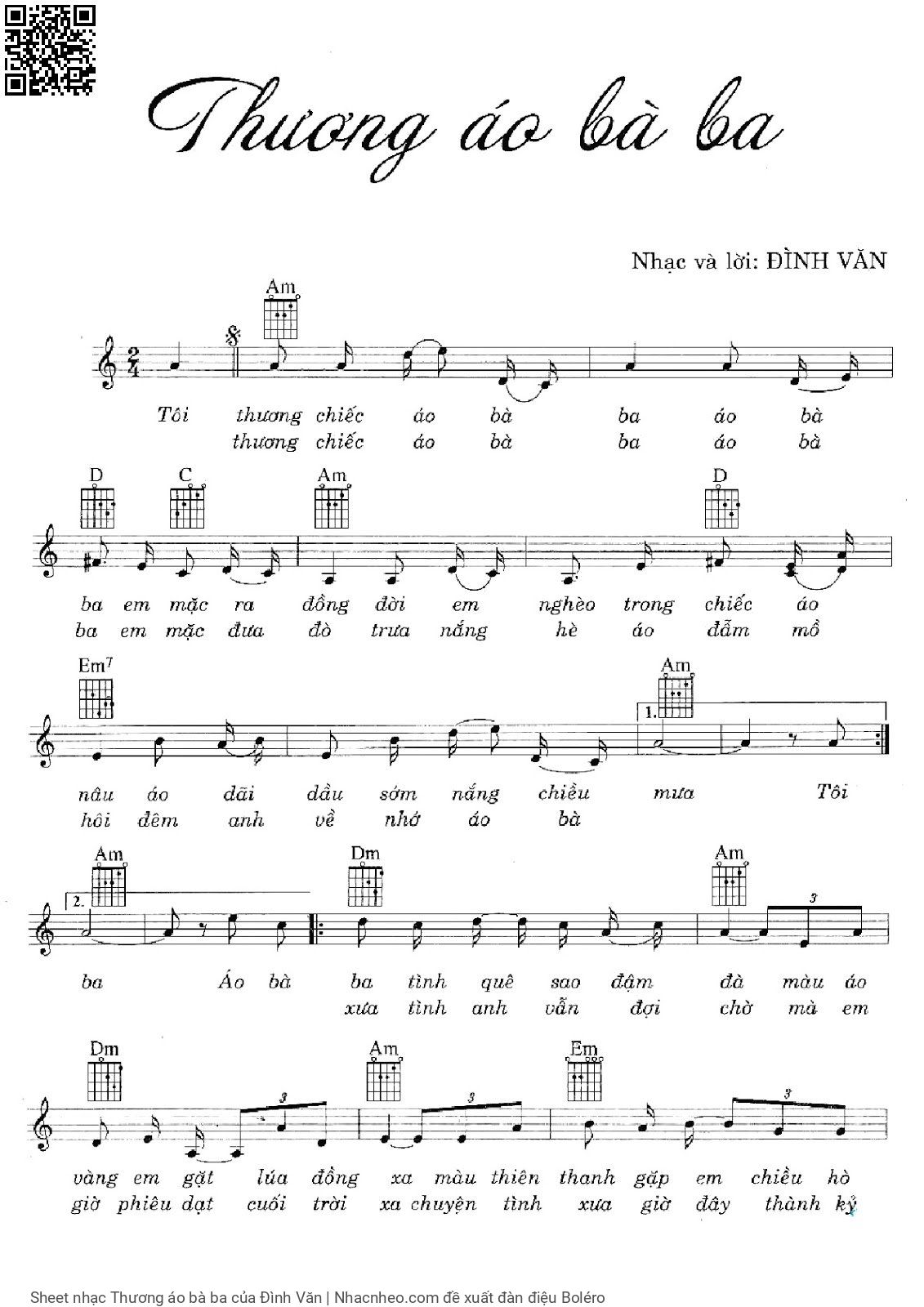 Page 1 of Sheet music PDF Thương áo bà ba - Đình Văn