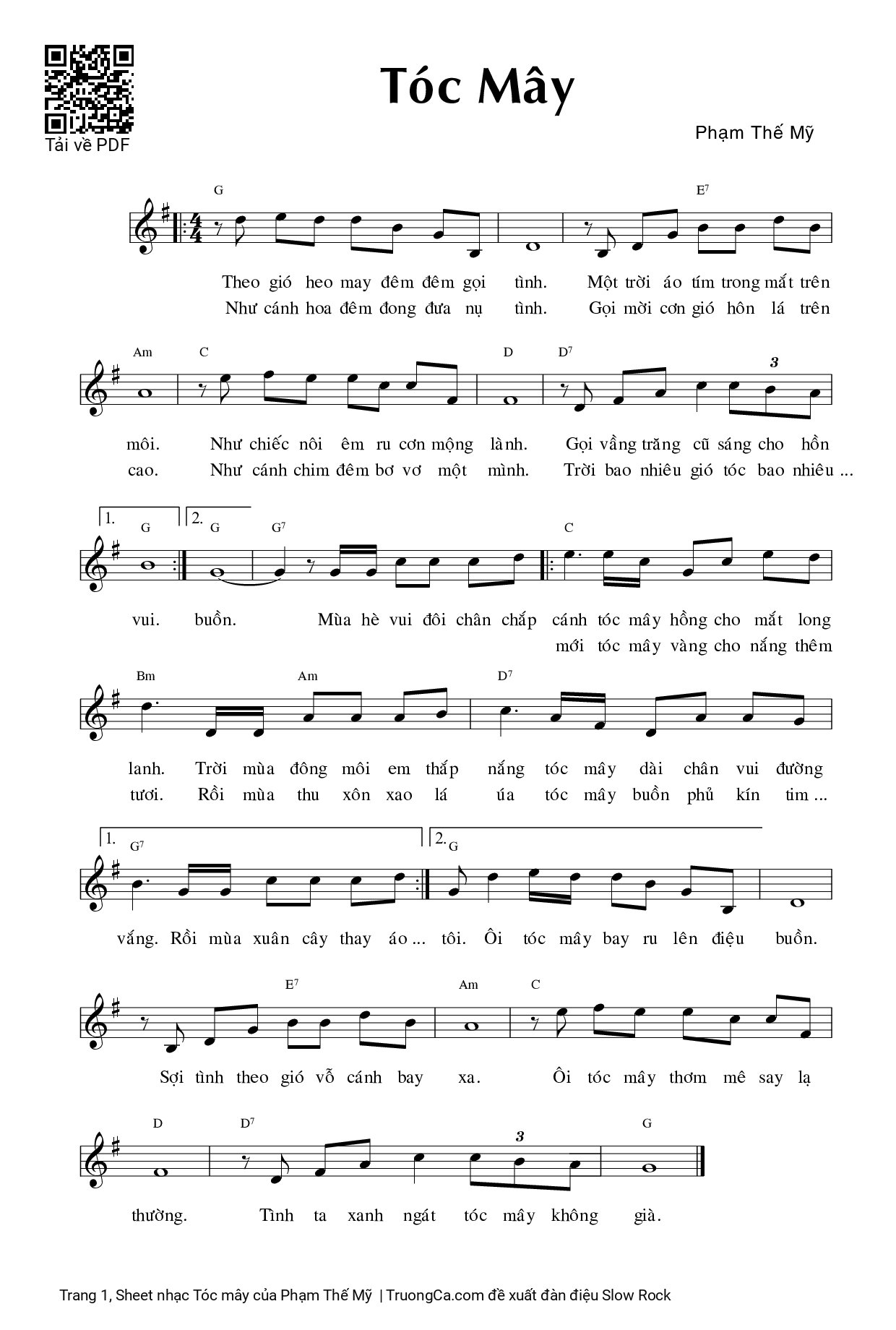 Sheet PDF of Tóc mây - Phạm Thế Mỹ