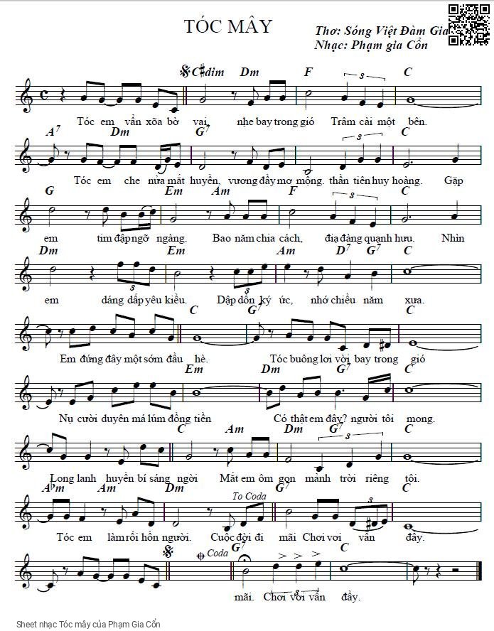 Sheet PDF of Tóc mây - Phạm Gia Cổn