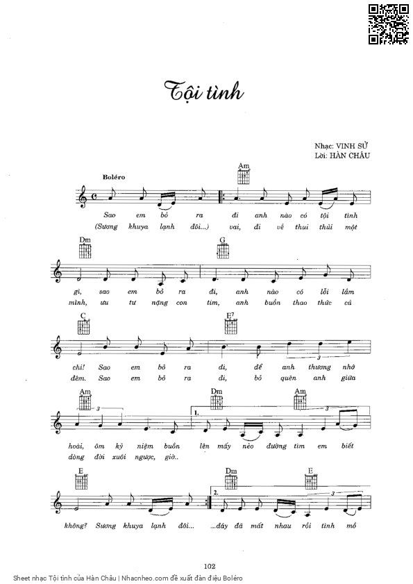 Sheet PDF of Tội tình - Hàn Châu