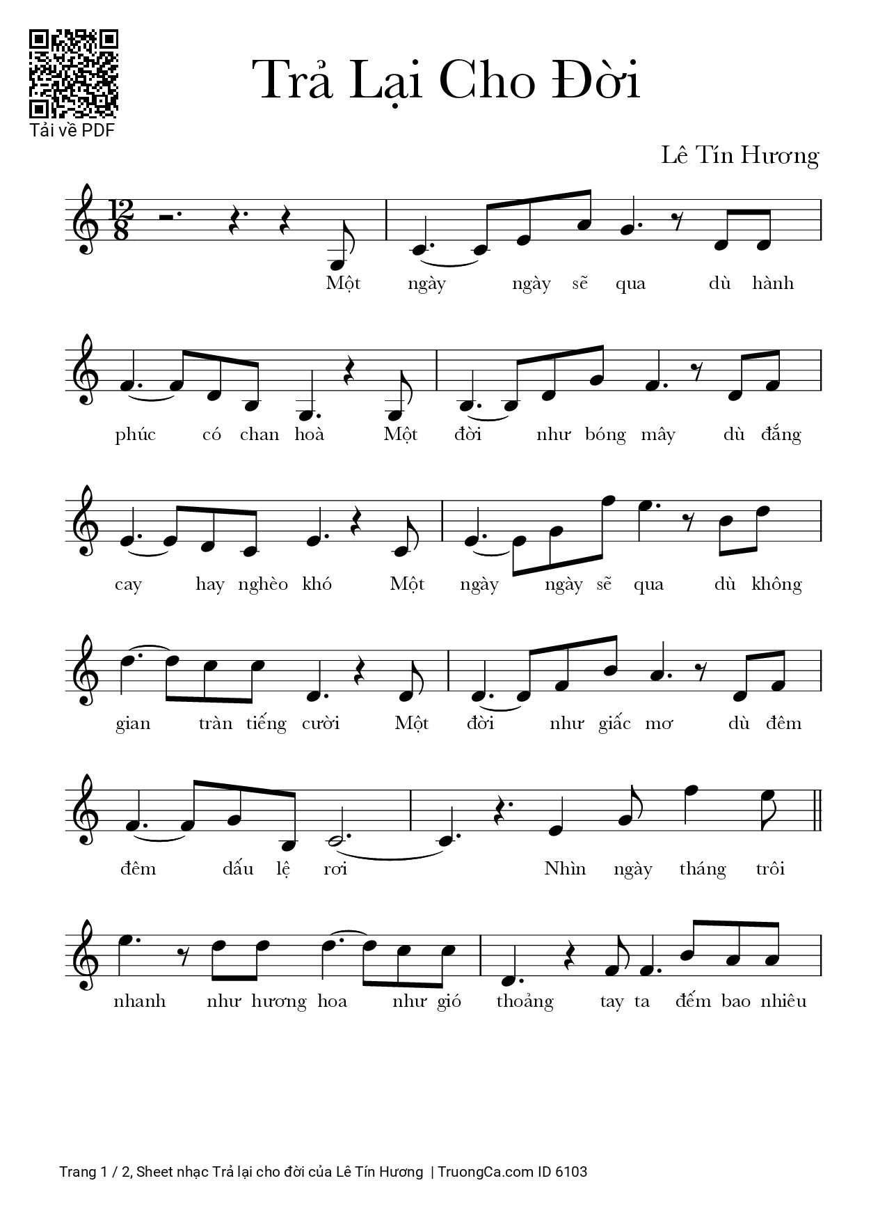 Page 1 of Sheet music PDF Trả lại cho đời - Lê Tín Hương