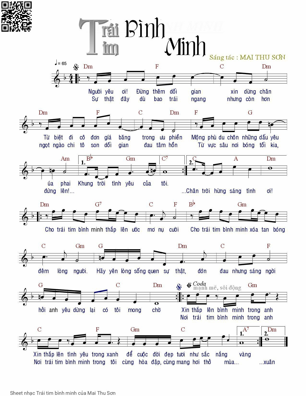 Page 1 of Sheet music PDF Trái tim bình minh - Mai Thu Sơn