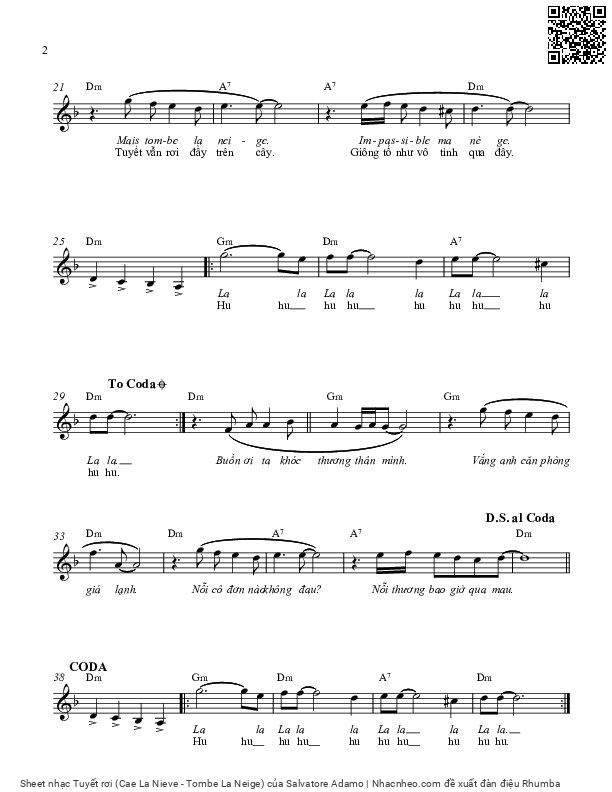 Page 2 of Sheet music PDF Tuyết rơi (Cae La Nieve - Tombe La Neige) - Salvatore Adamo