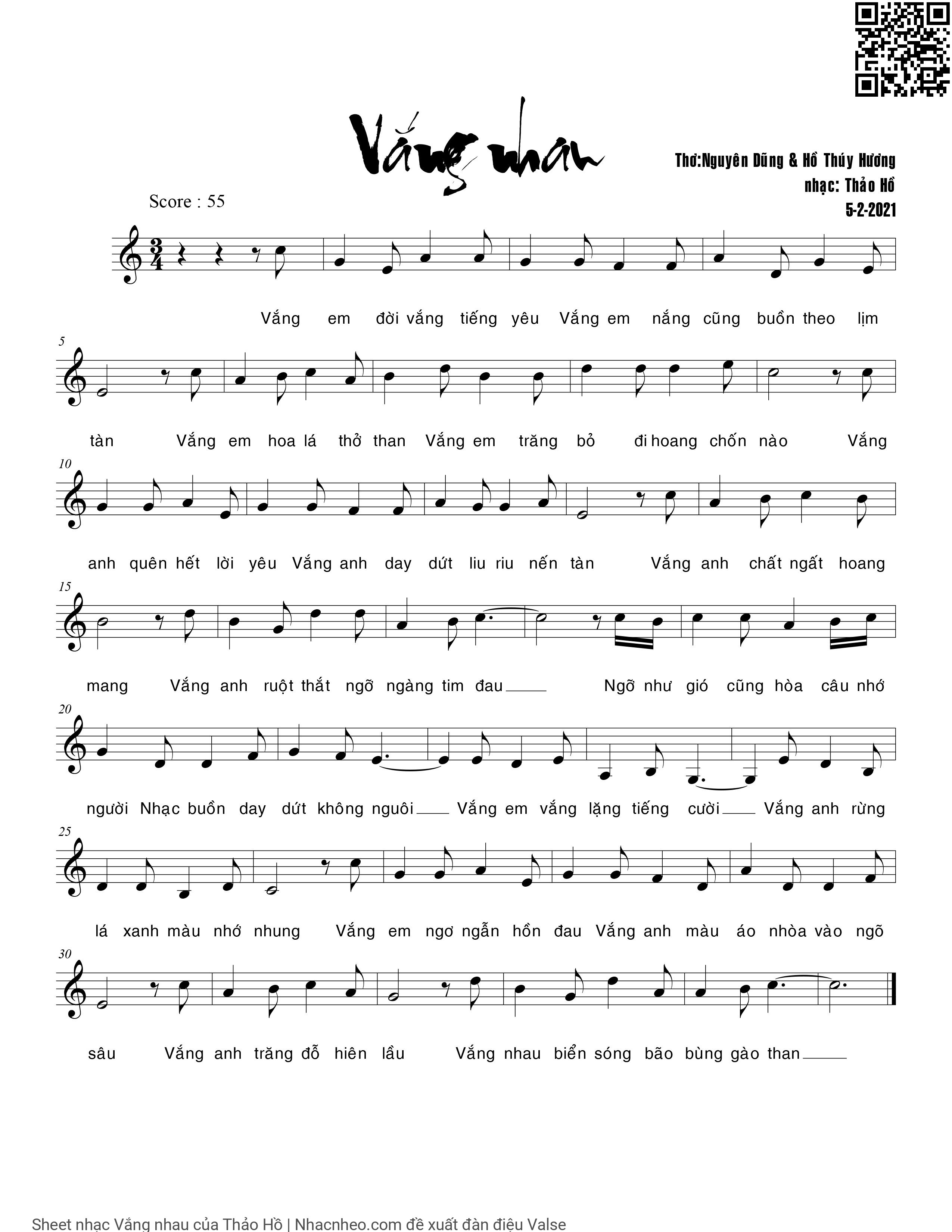 Page 1 of Sheet music PDF Vắng nhau - Thảo Hồ