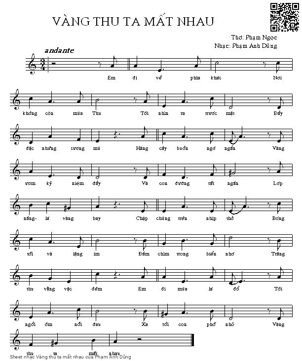Page 1 of Sheet music PDF Vàng thu ta mất nhau - Phạm Anh Dũng