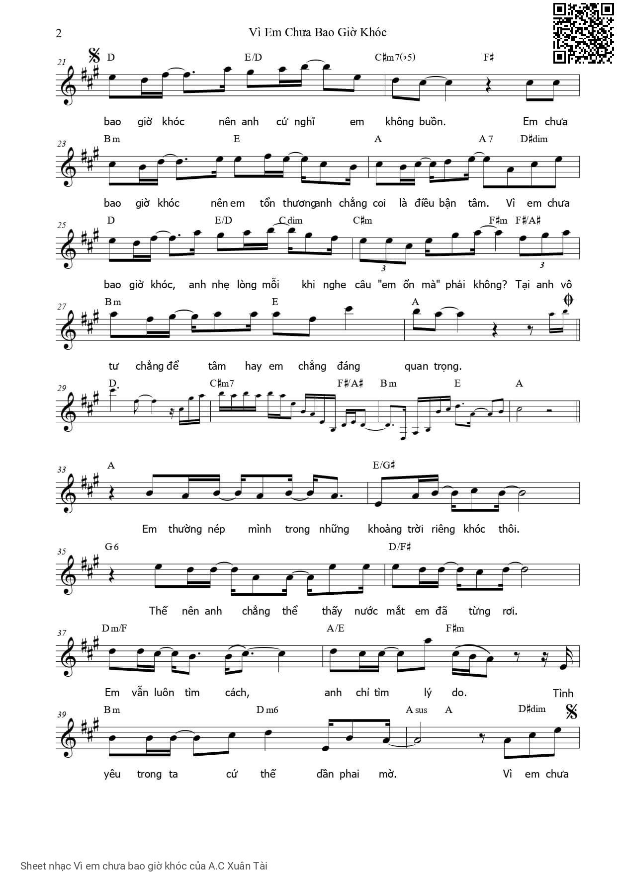 Page 2 of Sheet music PDF Vì em chưa bao giờ khóc - A.C Xuân Tài
