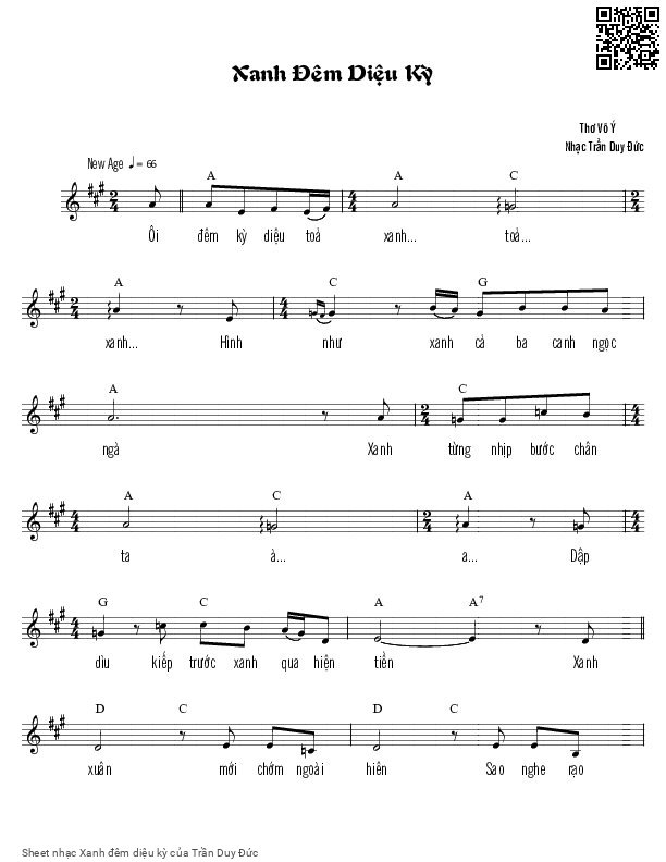 Page 1 of Sheet music PDF Xanh đêm diệu kỳ - Trần Duy Đức