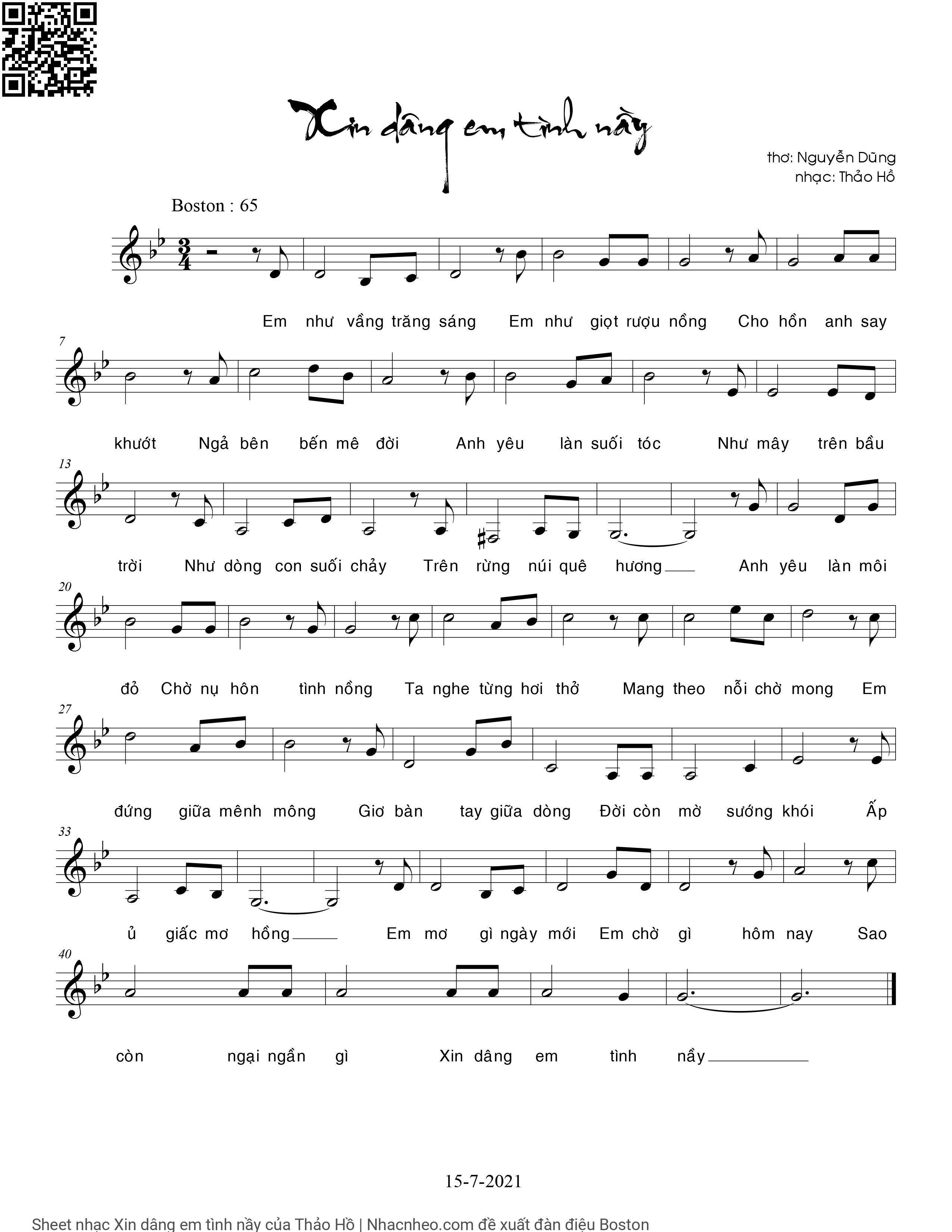 Page 1 of Sheet music PDF Xin dâng em tình nầy - Thảo Hồ