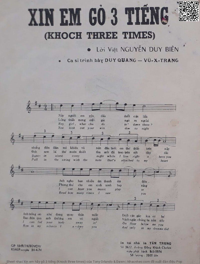 Page 2 of Sheet music PDF Xin em hãy gõ 3 tiếng (Knock three times) - Tony Orlando & Dawn