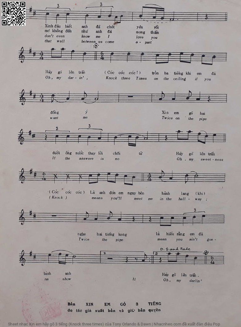 Page 3 of Sheet music PDF Xin em hãy gõ 3 tiếng (Knock three times) - Tony Orlando & Dawn
