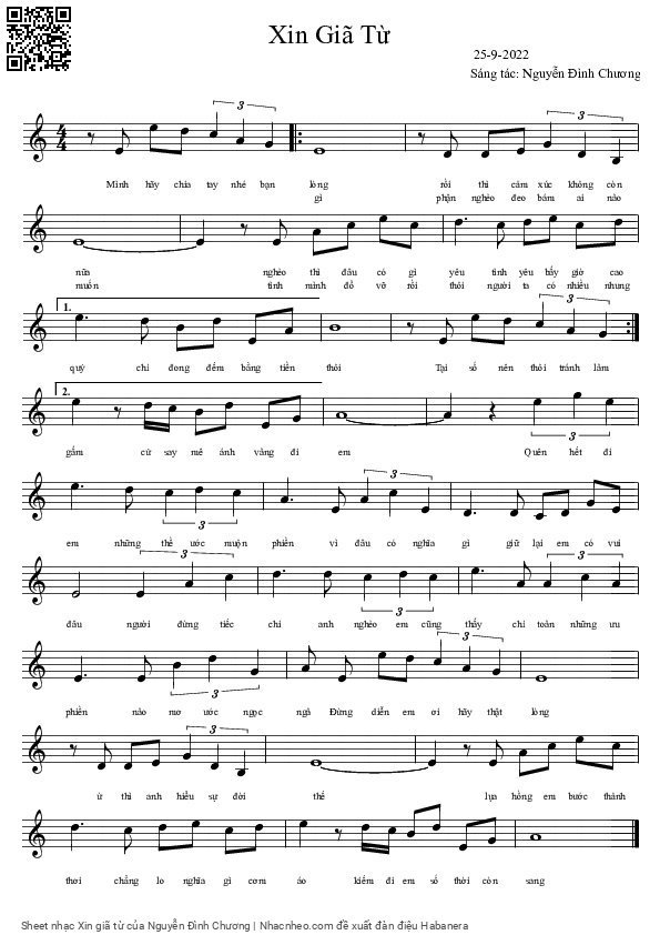 Page 1 of Sheet music PDF Xin giã từ - Nguyễn Đình Chương