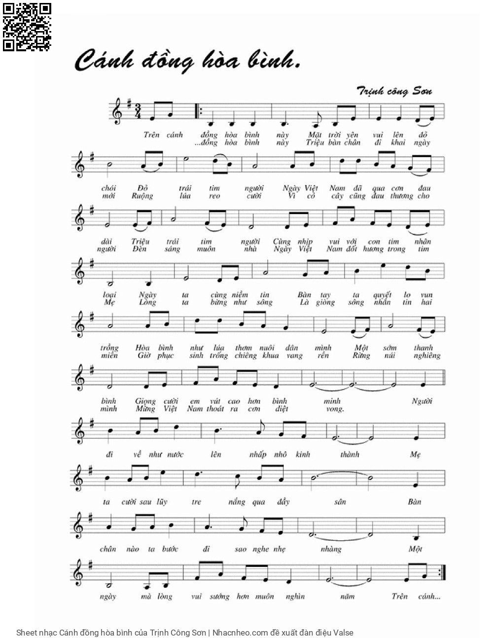 Page 1 of Sheet music PDF Cánh đồng hòa bình - Trịnh Công Sơn
