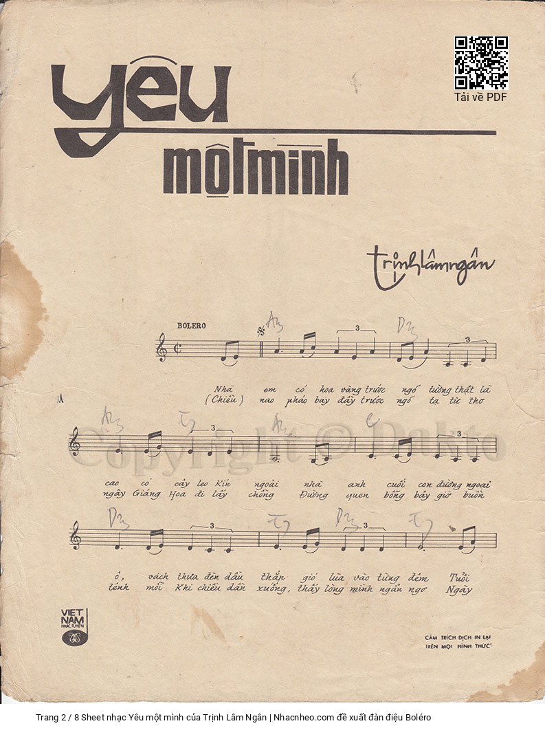 Page 2 of Sheet music PDF Yêu một mình - Trịnh Lâm Ngân