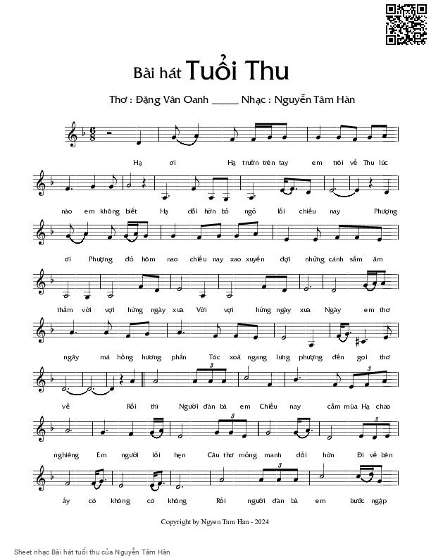 Page 1 of Sheet music PDF Bài hát tuổi thu - Nguyễn Tâm Hàn