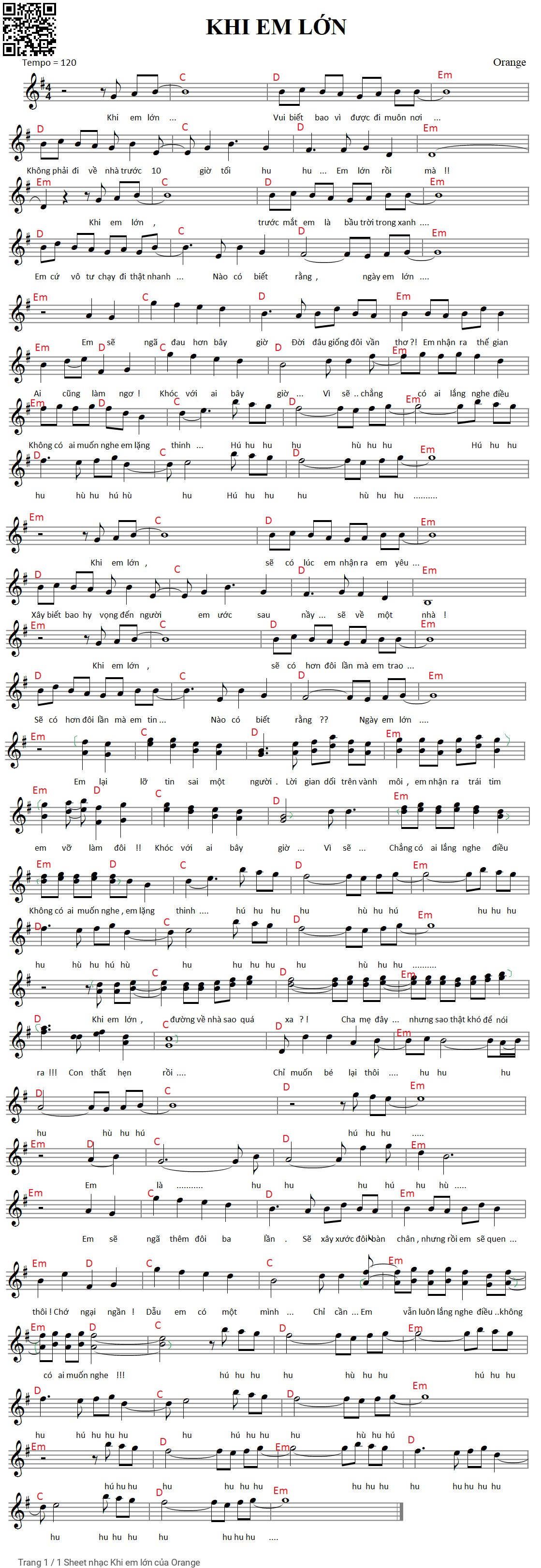 Sheet PDF of Khi em lớn - Orange