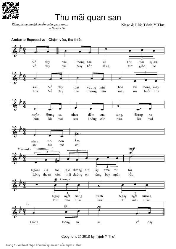 Page 1 of Sheet music PDF Thu mãi quan san - Trịnh Y Thư