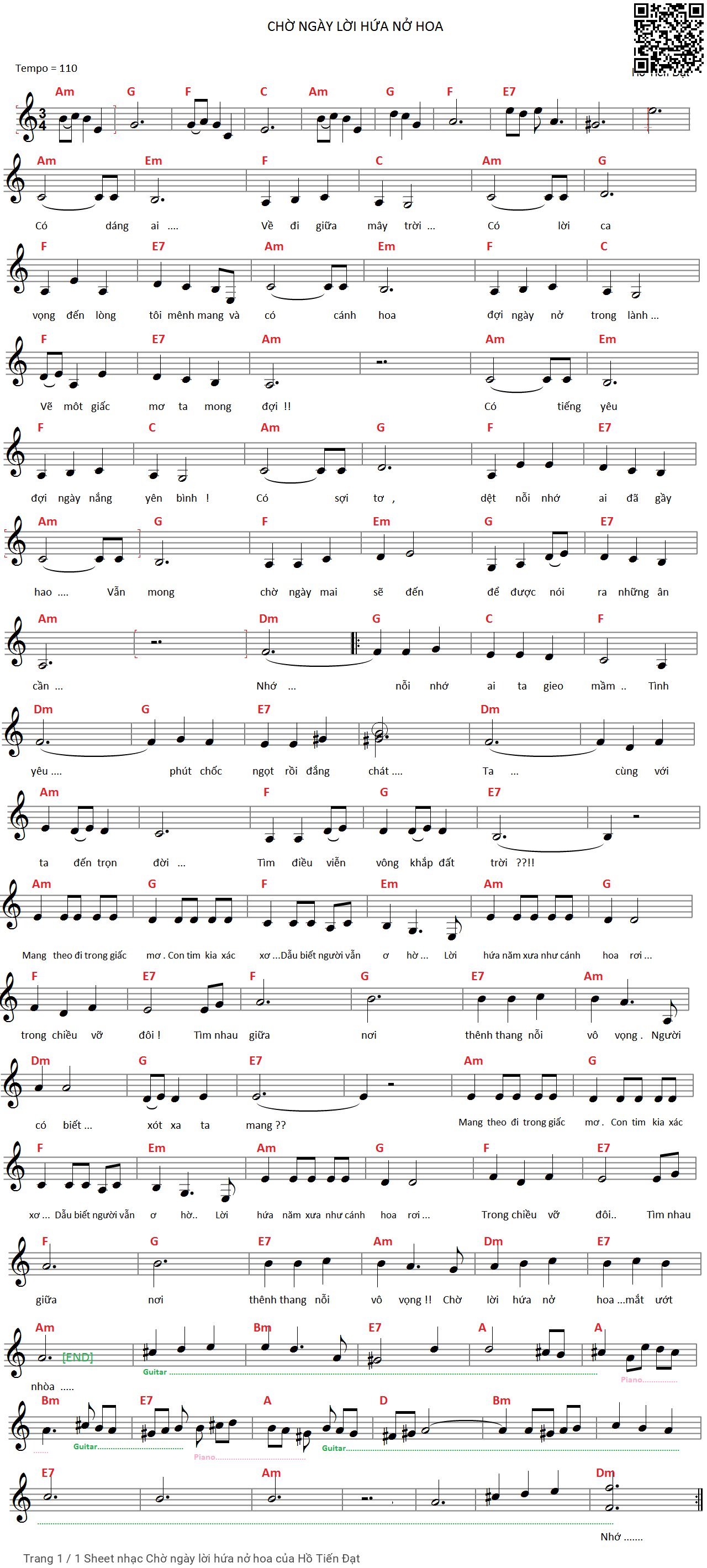 Page 1 of Sheet music PDF Chờ ngày lời hứa nở hoa - Hồ Tiến Đạt