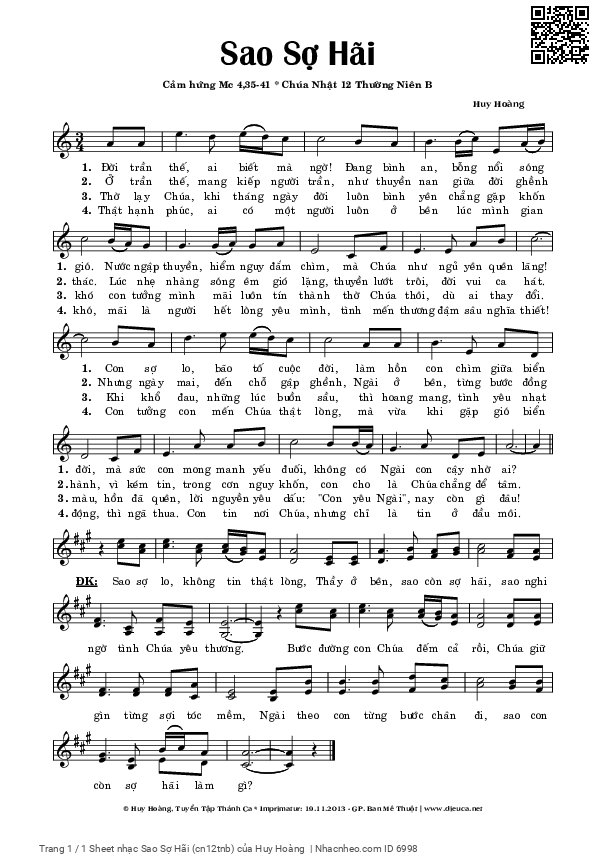 Sheet PDF of Sao Sợ Hãi (Chúa Nhật 12 B)