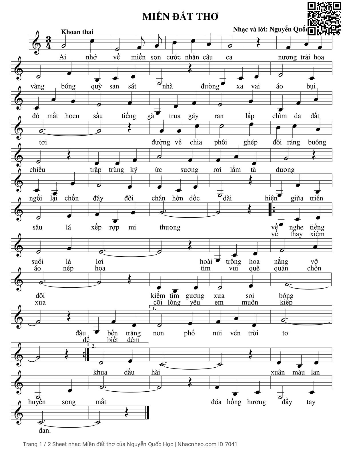 Page 1 of Sheet music PDF Miền đất thơ - Nguyễn Quốc Học