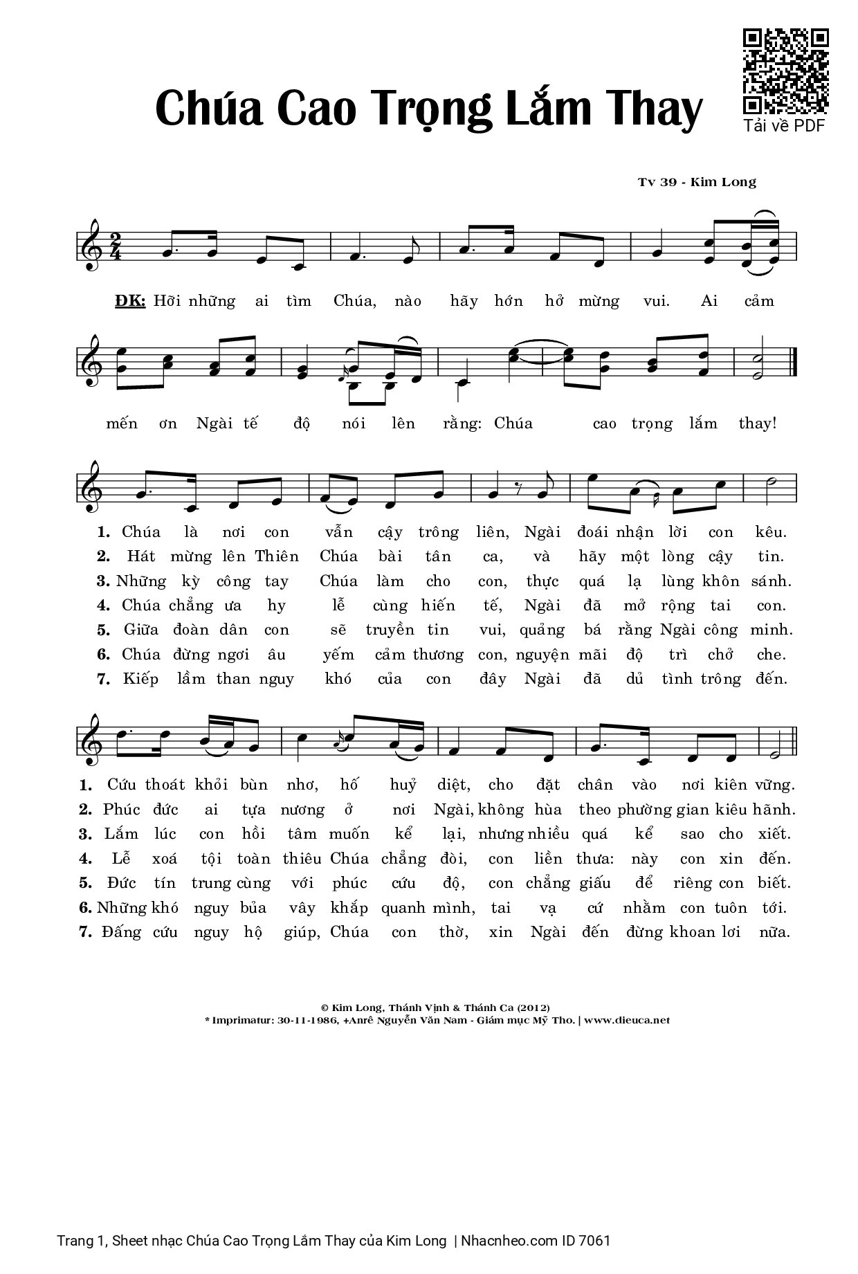 Sheet PDF of Chúa Cao Trọng Lắm Thay (Thánh Vịnh 39)