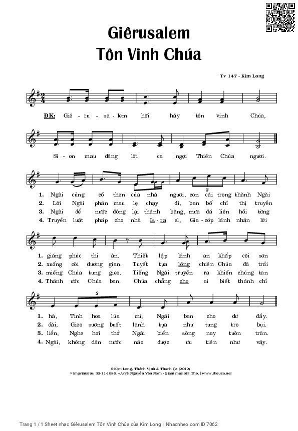 Sheet PDF of Giêrusalem Tôn Vinh Chúa (Tv 147)