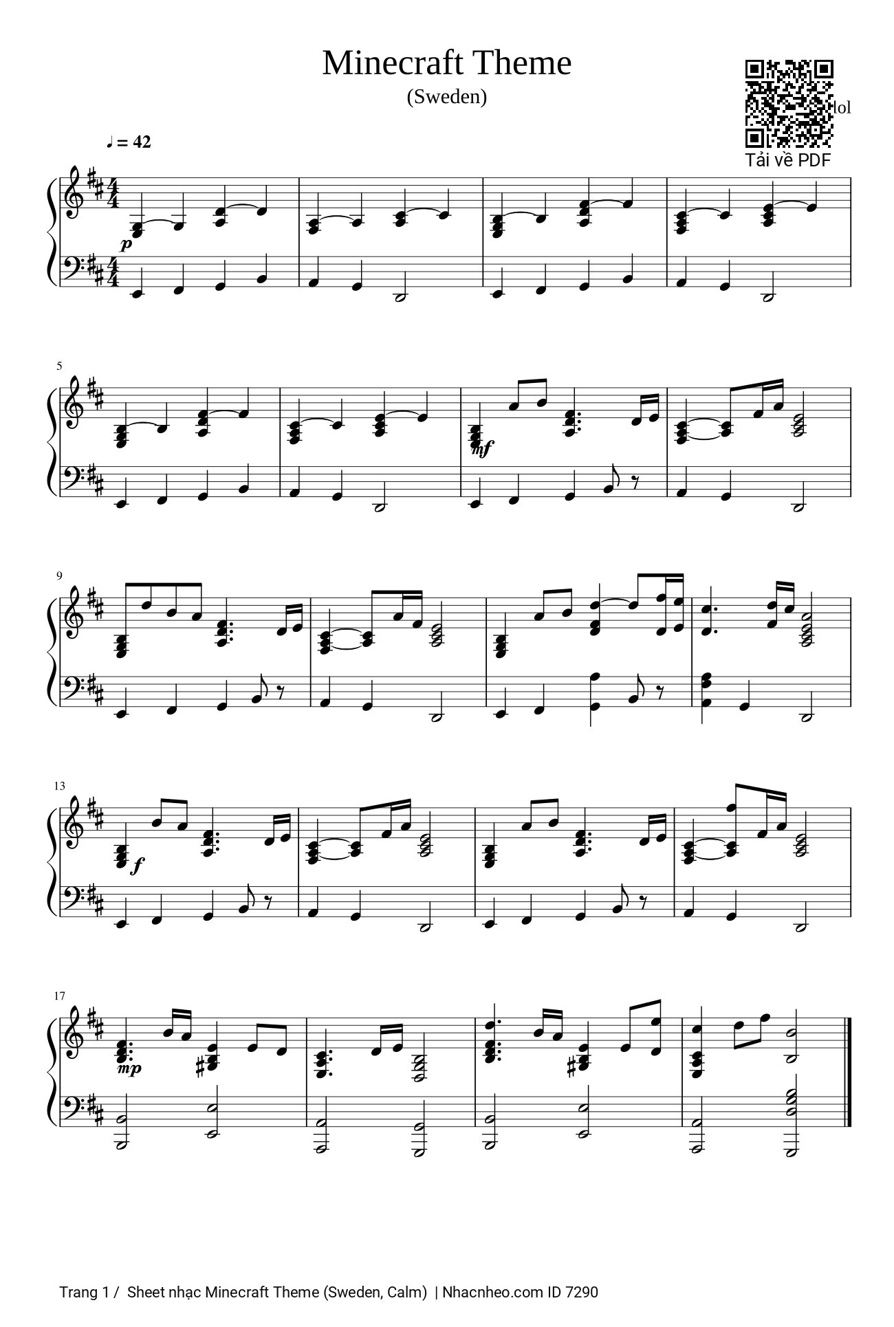 Sheet PDF of Minecraft Theme Piano (Sweden, Calm)