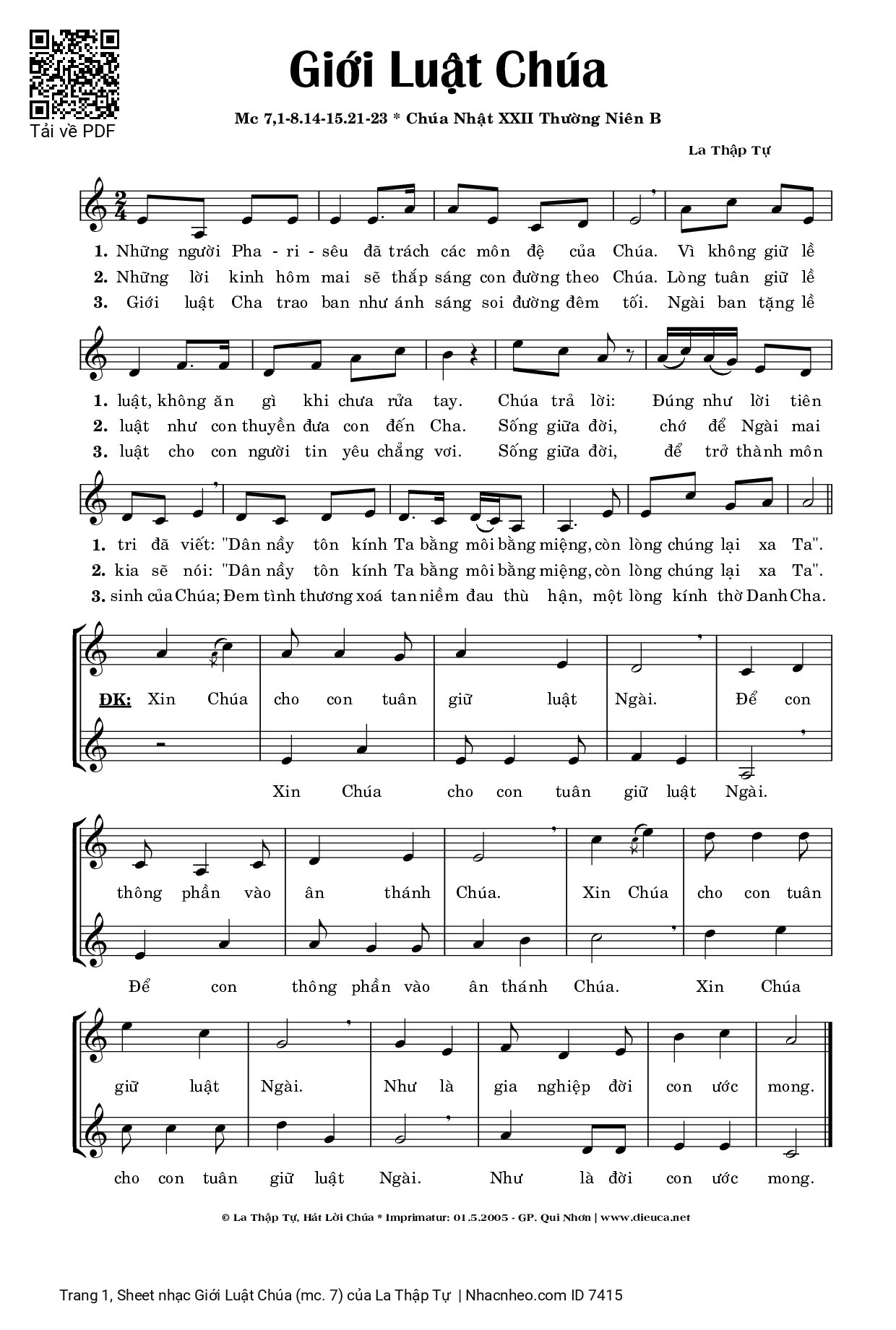 Sheet PDF of Giới Luật Chúa (mc. 7)